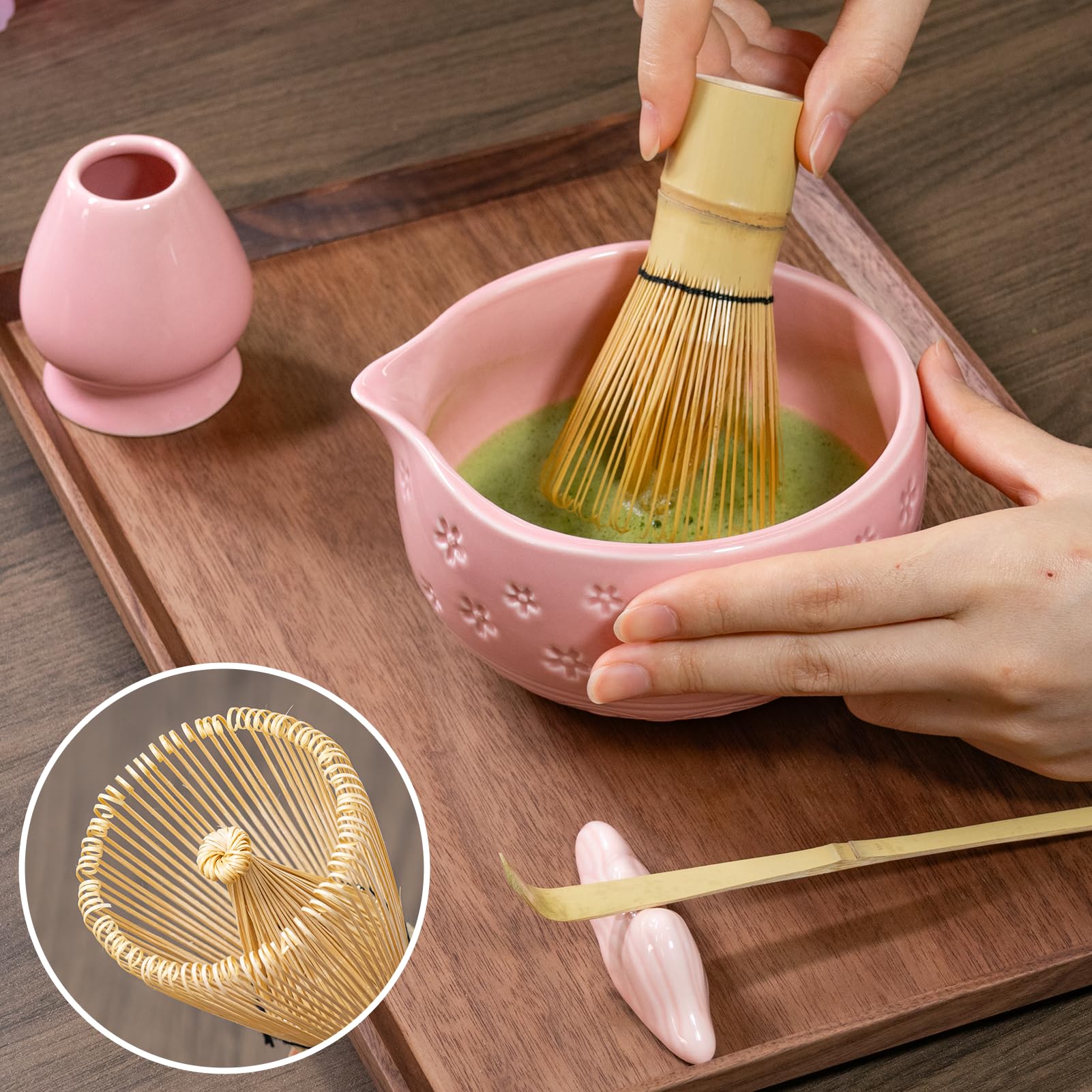AANQQ Kit Matcha Rosa: Matcha Set 7 piezas - Cuenco de matcha con pico 560 ml - Chasen bambú matcha - Cuchara matcha y Colador de matcha Kit té matcha, Ideal para principiantes y amantes del matcha
