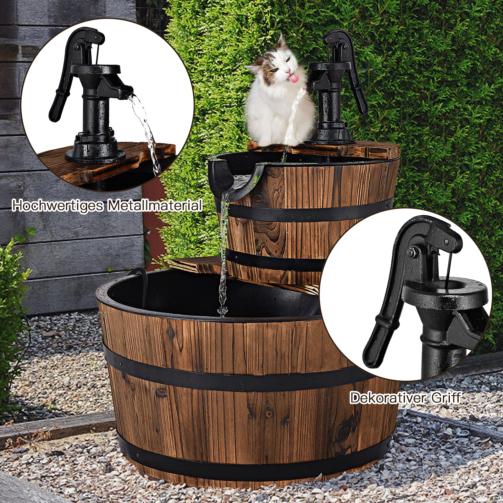 GOPLUS Gartenbrunnen mit Hochleistungspumpe, Springbrunnen aus Tannenholz, Wasserspiel im Freien für Garten, Terrasse, Rasen, Geschlossener Wasserkreislauf, 44,5 x 44,5 x 61cm