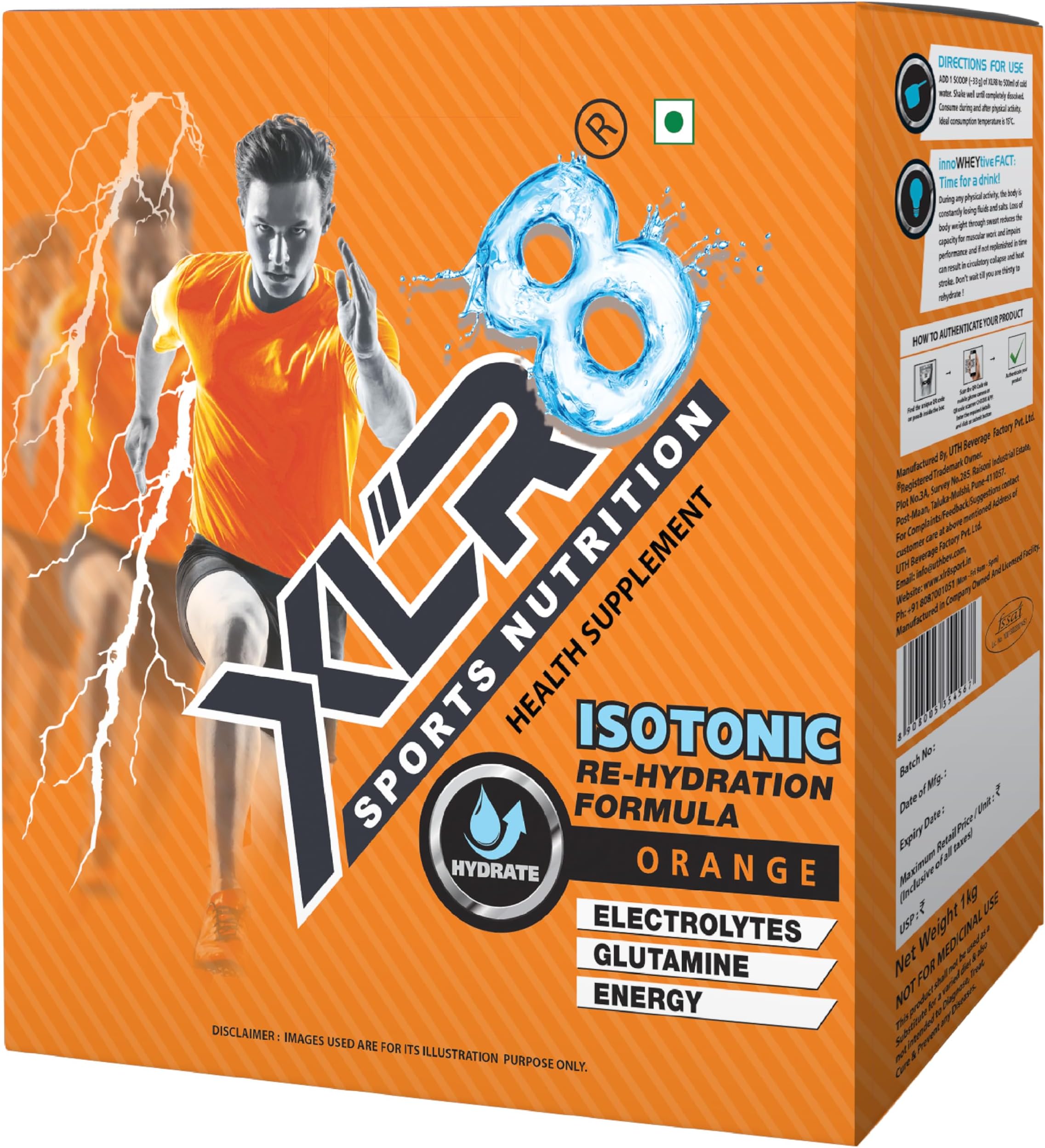 XLR8 Isotonic Electrolyte Powder, Re-Hydration Instant Formula for Extended Workout (Orange Flavour, 1Kg)