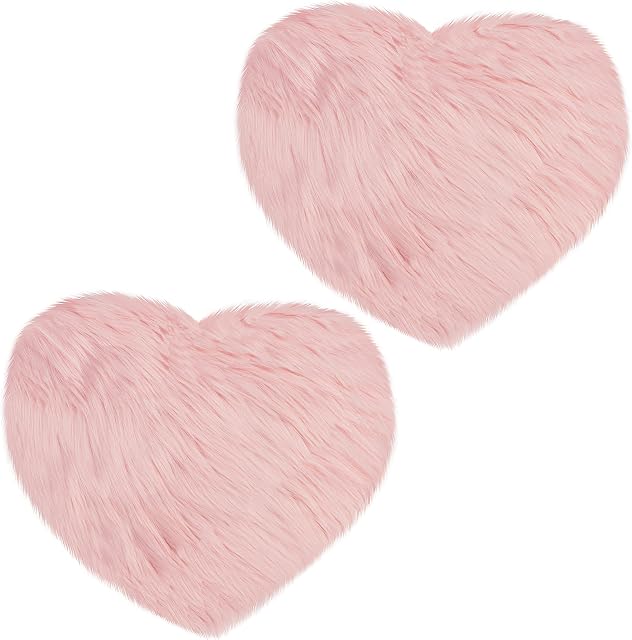 BELLE VOUS Faux Fur Sheepskin Area Rug (2 Pack) - 40 x 30cm / 15.74 x 11.8 inches - Soft Heart-Shaped Pink Fluffy Carpet for Living Room, Bedroom, Sofa, Floor, Nursery, and More