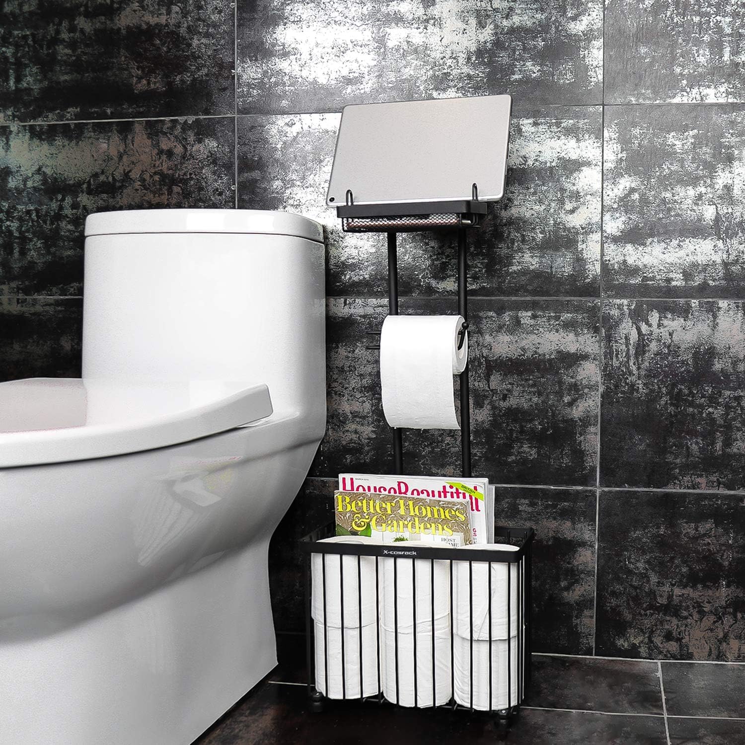 Portarrollos de papel higiénico con estante, soporte de papel higiénico de pie para revistas de baño, con soporte para tableta, para 6 rollos de papel higiénico, adecuado para baños e