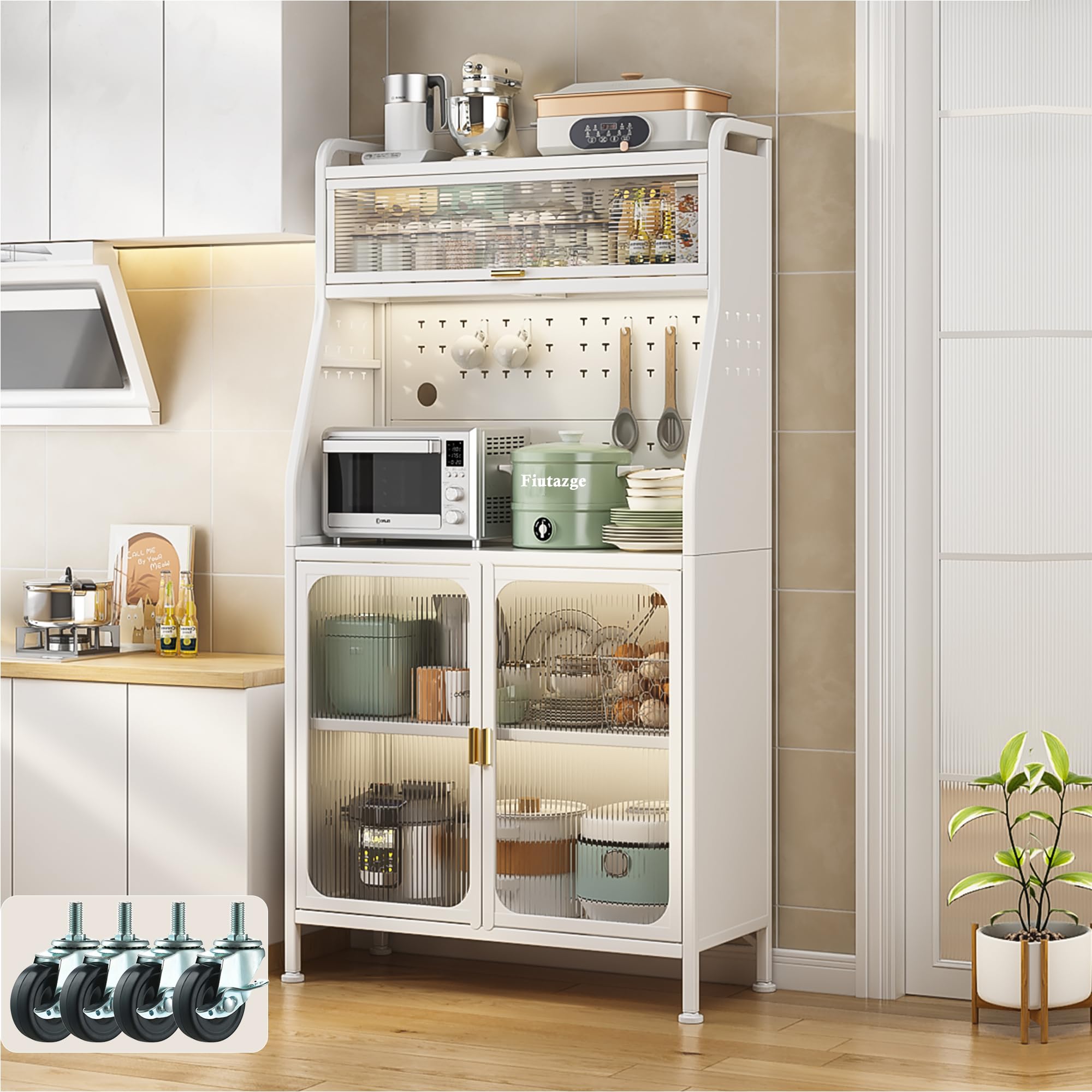 Fiutazge Largo 66 cm Credenza Cucina Alta con Ante in Acrilico,Mobile Cucina con Ripiani Regolabili,Ruote e Foro Passacavi,Credenza Soggiorno Montaggio Senza Attrezzi per Pranzo Ingresso-Bianco