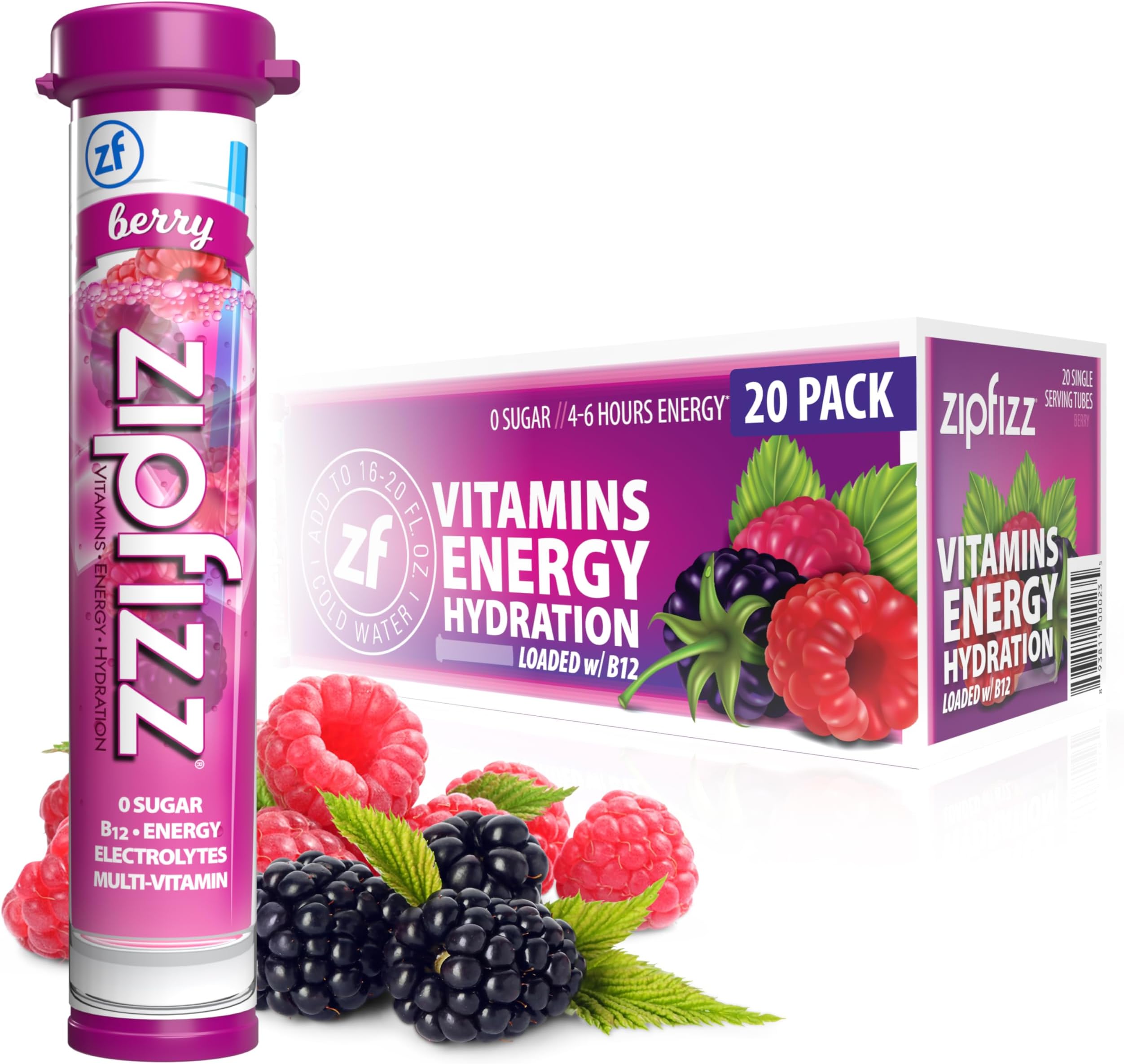 Energy Drink Mix, Electrolyte Hydration Powder with B12 and Multi Vitamin, Berry (20 Pack)