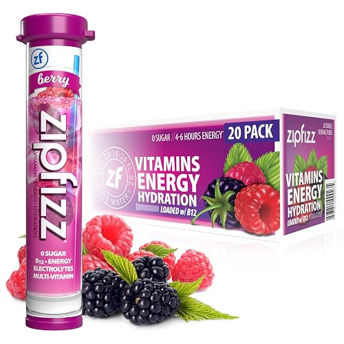 Zipfizz Energy Drink Powder, 20 Pack Electrolyte Mix with B12 - Berry | Hydration tubes with vitamin drink benefits, 100mg caffeine, B12, electrolytes, & no artificial sugar for active lifestyle - Berry - 0.39 Ounce (Pack of 20)