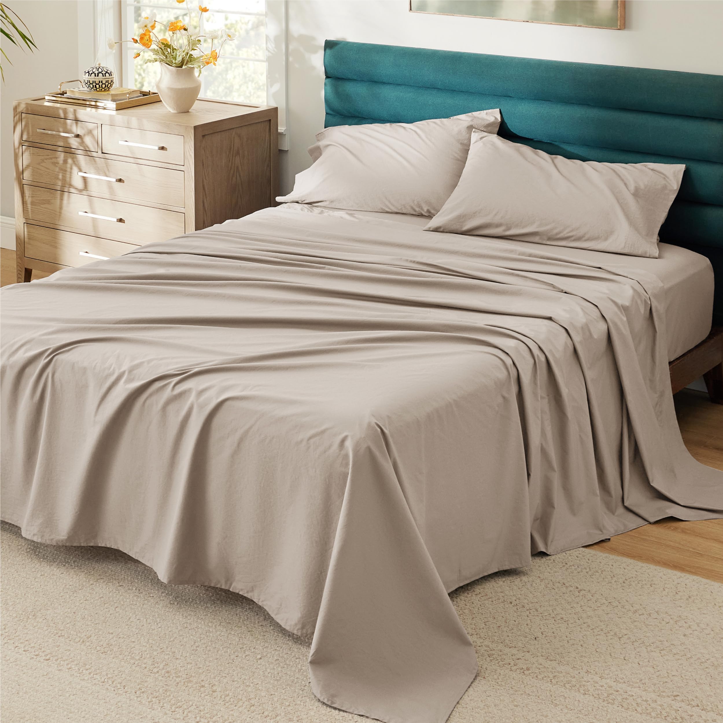 Bedsure Cotton Percale Queen Sheet Set - 100% Cotton Bed Set for Queen Size Bed, Breathable & Crirsp Soft Sheets, Deep Pocket Up to 16 Inches, Bedding Bedsheets & Pillowcases, Taupe