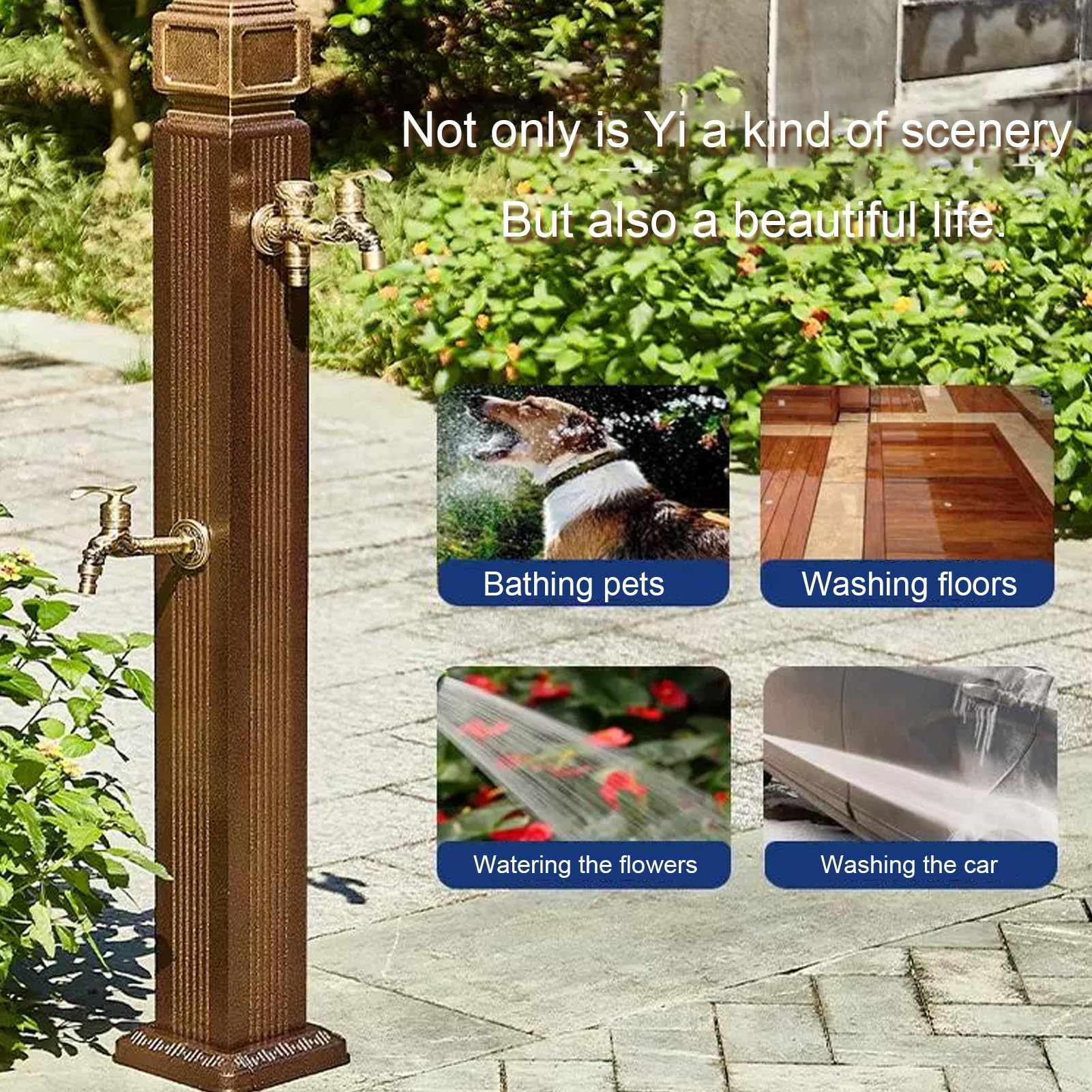 Colonne d'eau de Jardin, Colonne d'eau Verticale carrée avec Robinet en cuivre, Double Robinet extérieur résistant au Gel, pour terrasse et Jardin(Brass C,110CM/43.3IN)