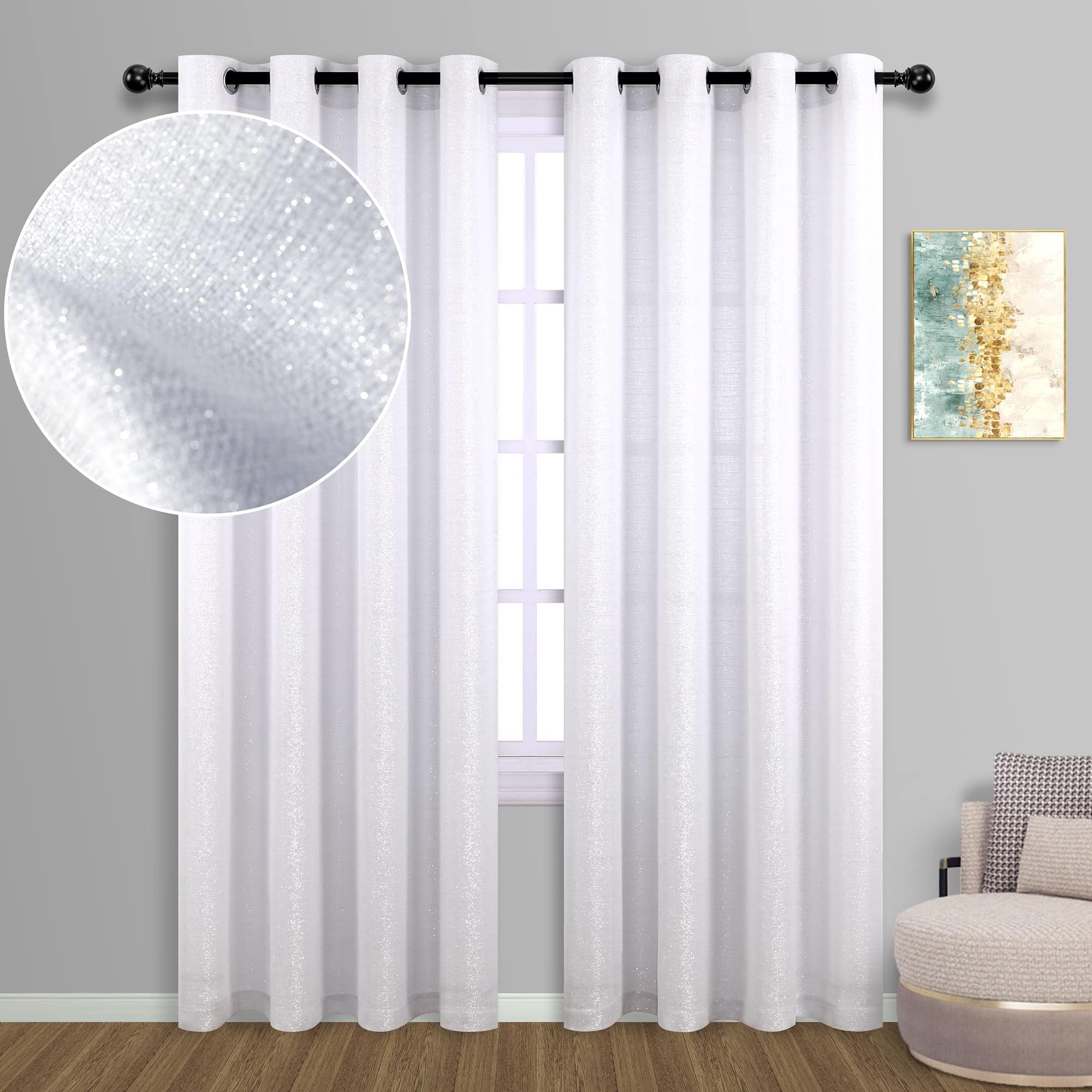 Kotile White Shimmer Curtains 84 Inches Long for Living
