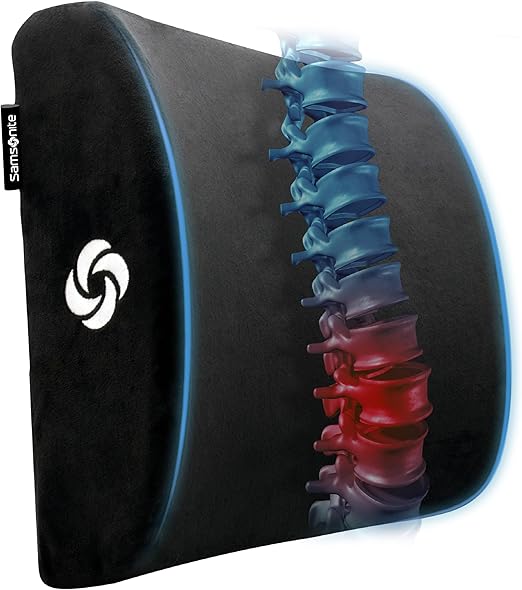 Samsonite Lumbar Support Pillow for Office Chair and Car Seat, Perfectly Balanced Memory Foam, Versatile Use Lower Back Cushion, Black Plush
