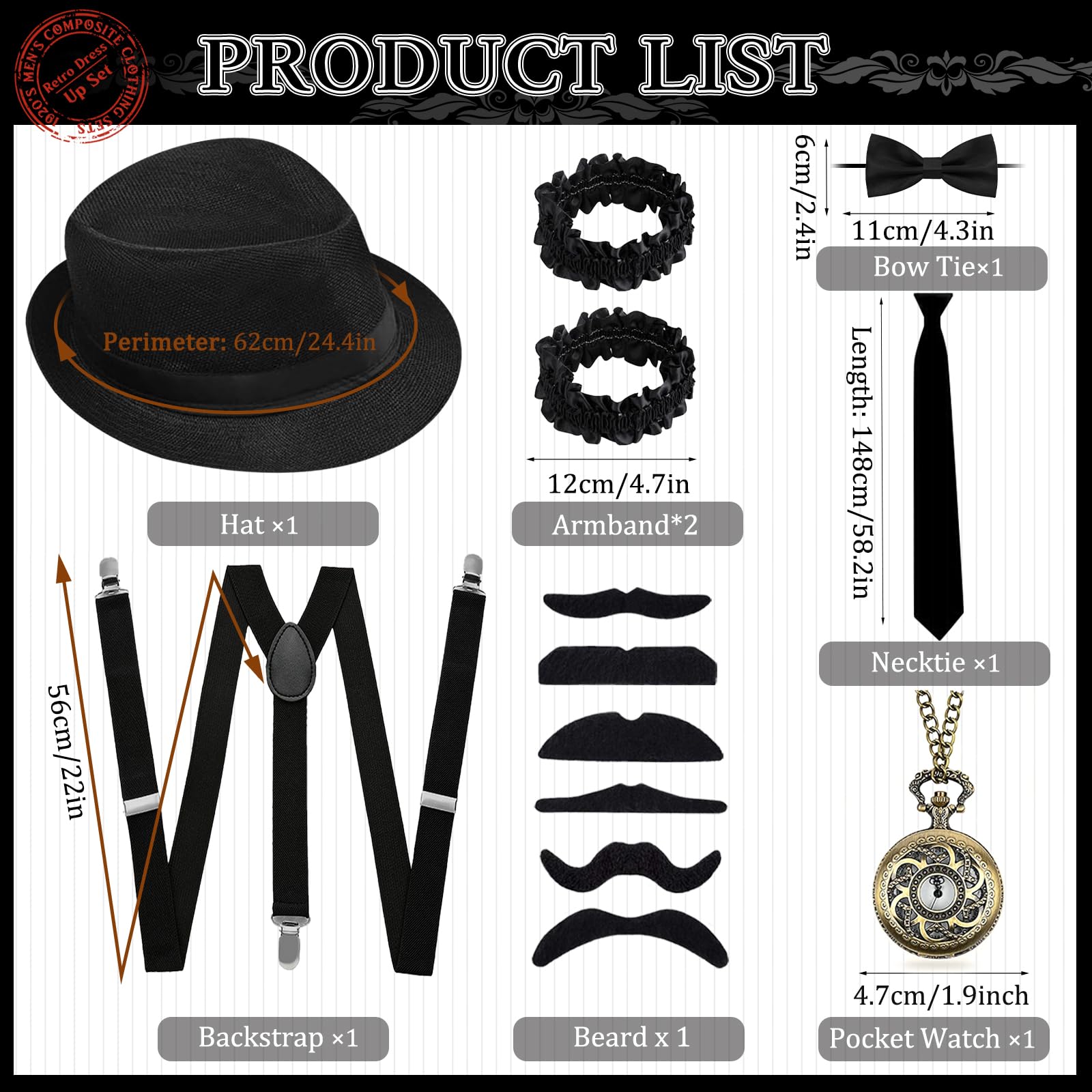 Glirop 13Pcs 1920s Gatsby Costume Set for Men Gentleman Roaring 20s Accessories Kit with Hat Suspenders Pocket Watch Bow Tie Beards Cuffs Tie for Adult Halloween Theme Parties Fancy Dress (Black) - Image 2