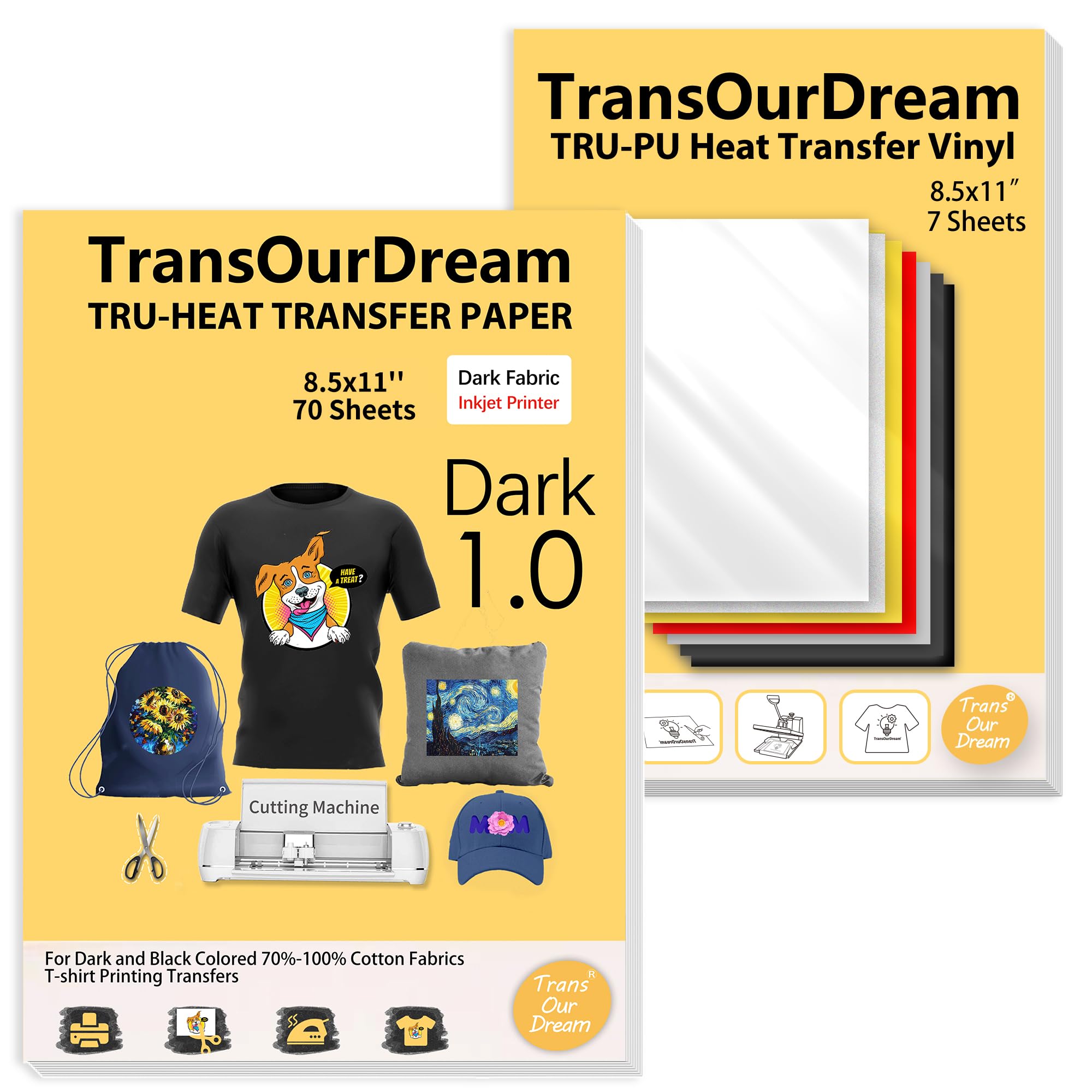 TransOurDream Tru-Iron on Heat Transfer Paper for Dark Fabric (70 Sheets, 8.5x11") Printable Iron on Transfers Paper for Inkjet Printer &amp; Heat Transfer Vinyl for T Shirts (7 Sheets, 8.5x11")