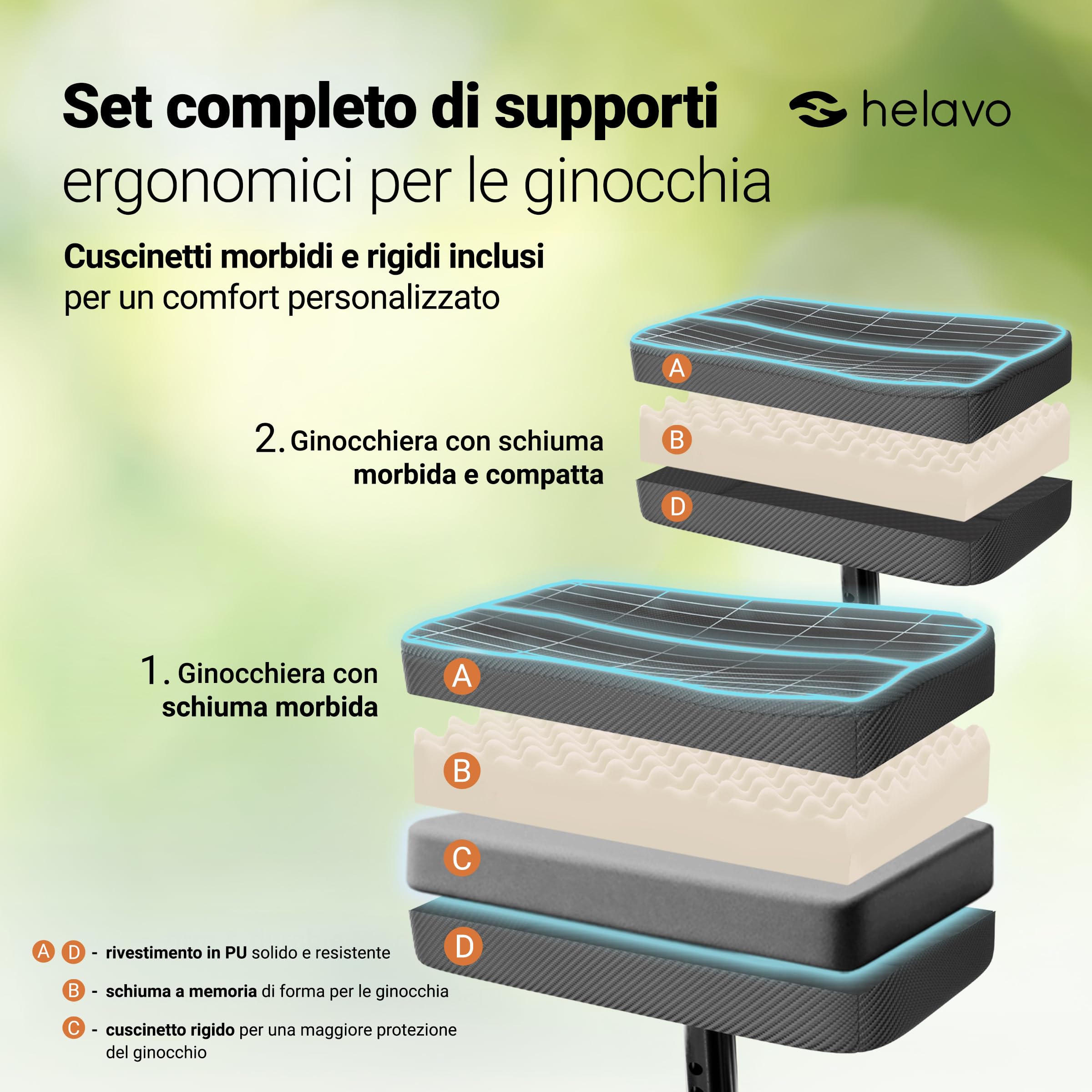 Helavo Scooter per Ginocchio Pieghevole, Deambulatore Ortopedico | Deambulatore ortopedico per ginocchia con 2 ginocchiere - Alternativa alle stampelle - Ruote da 10"/8"