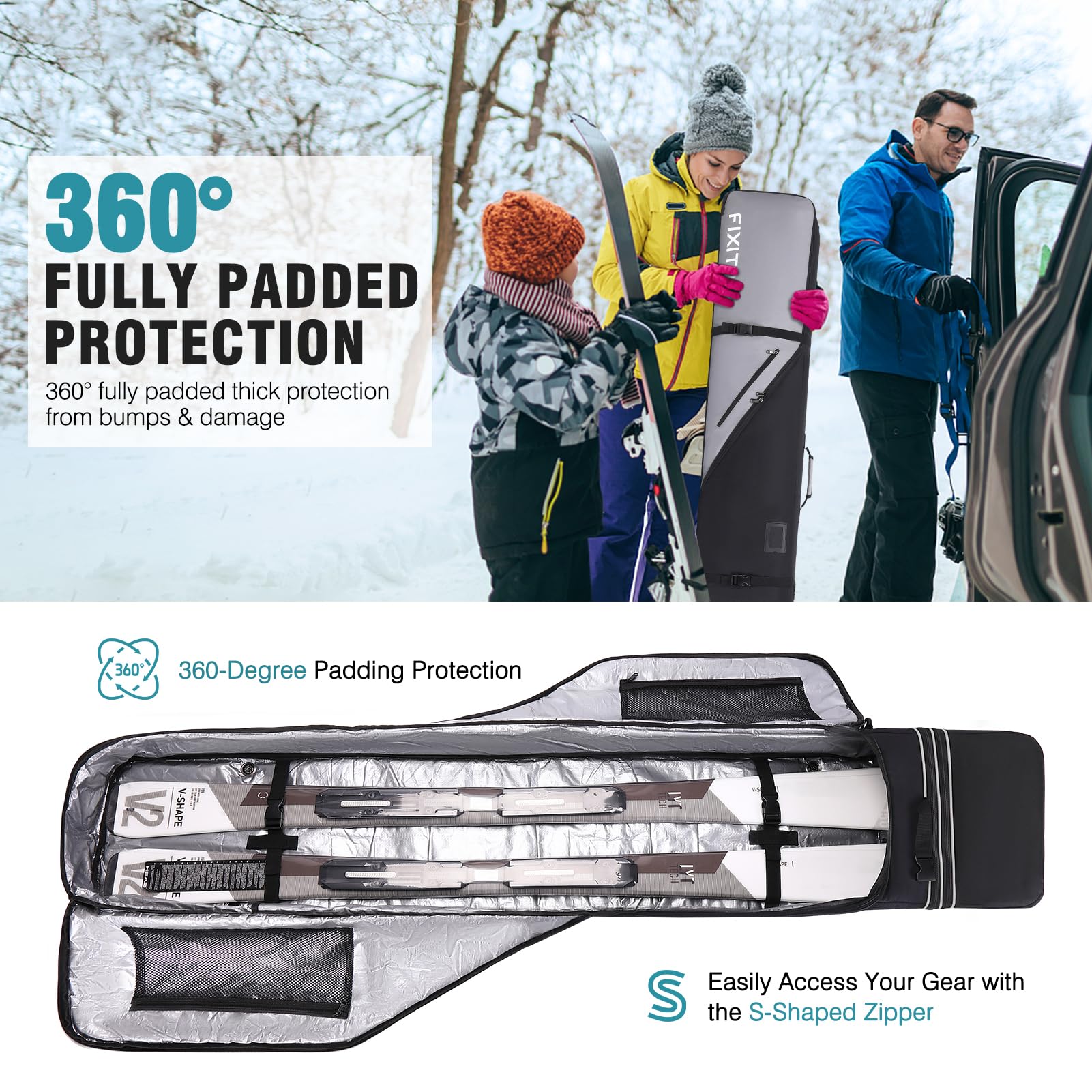 FIXITOK Snowboard & Skitasche für die Luftfahrt, wasserdichte Vollgepolsterte Snowboardtasche für Board, Stiefel, Kleidung, Helm und Ausrüstung, Verstellbare Länge Skitasche (157 cm - 181 cm)