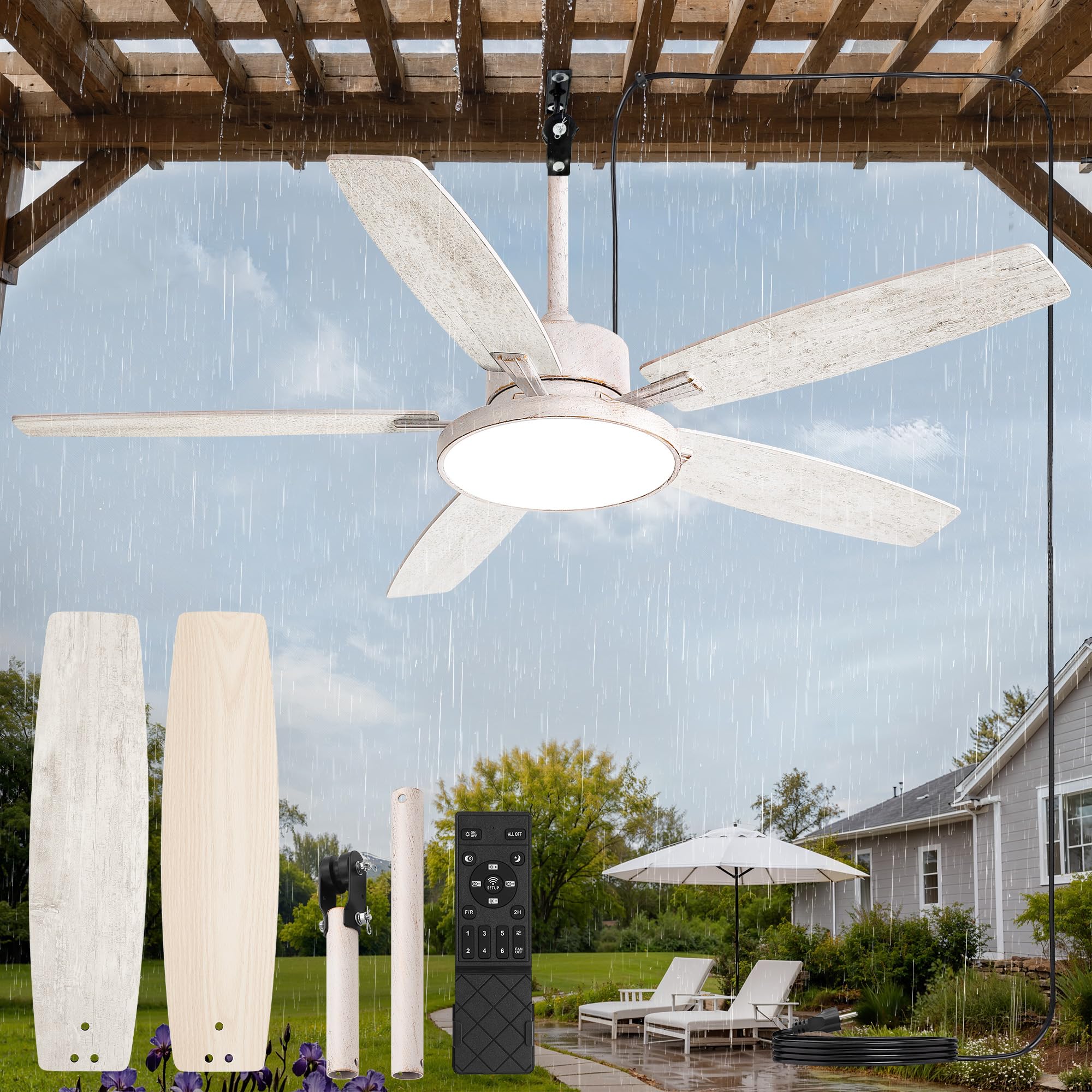 Photo 1 of Fanbulous 52'' Outdoor Ceiling Fans with Light and Remote,IP65 Wet Rated Waterproof Ceiling Fan with 6-Speed DC Motor, Farmhouse Plug in Gazebo Fan for Porch Patios Pavilion(White Gold)