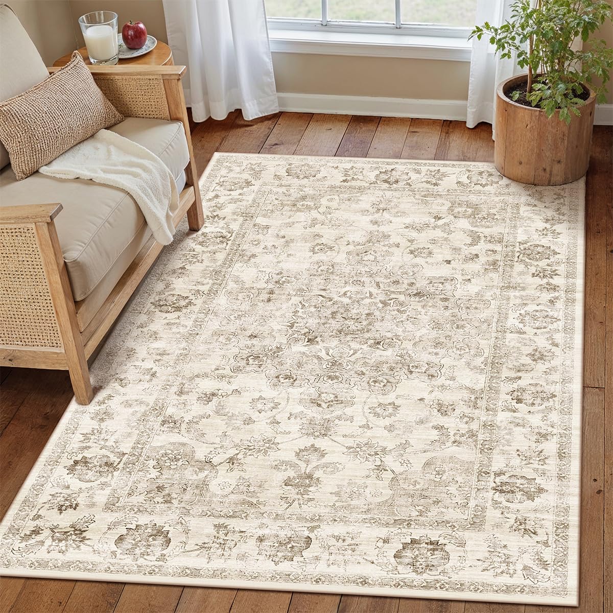 WondRg 3x4 Washable Neutral Area Rug Beige Vintage Entryway Office Carpet Non-Slip Soft Low Pile Floral Throw Rug for Entrance Living Room Bathroom Dining Room