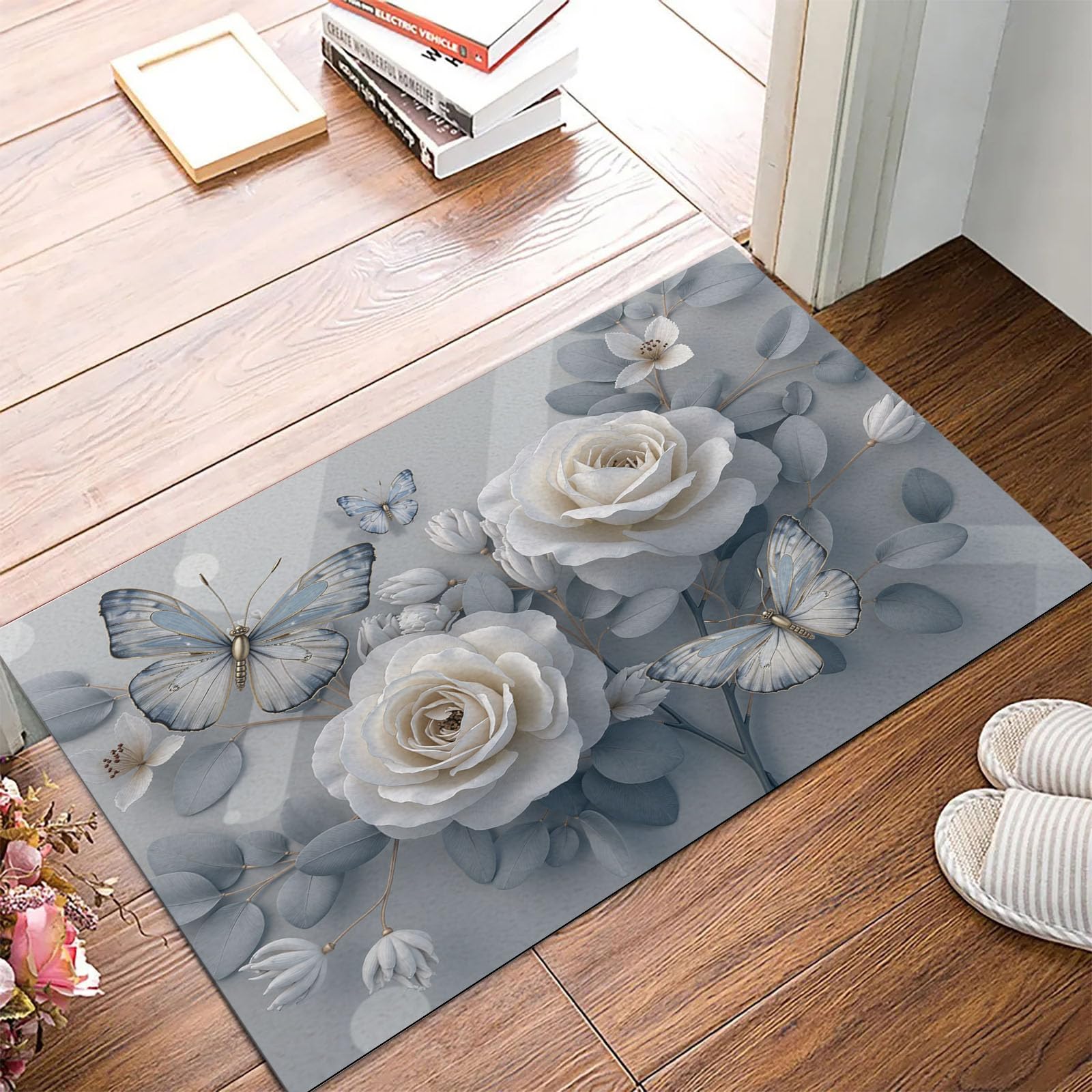 Tapis Entree Interieur Luxe Floral 80x120cm Lavable en Machine, paillasson AntidéRapant Poil Ras, Papillons Roses en Relief pour Chambre Salle a Manger Cuisine, Gris Bleu