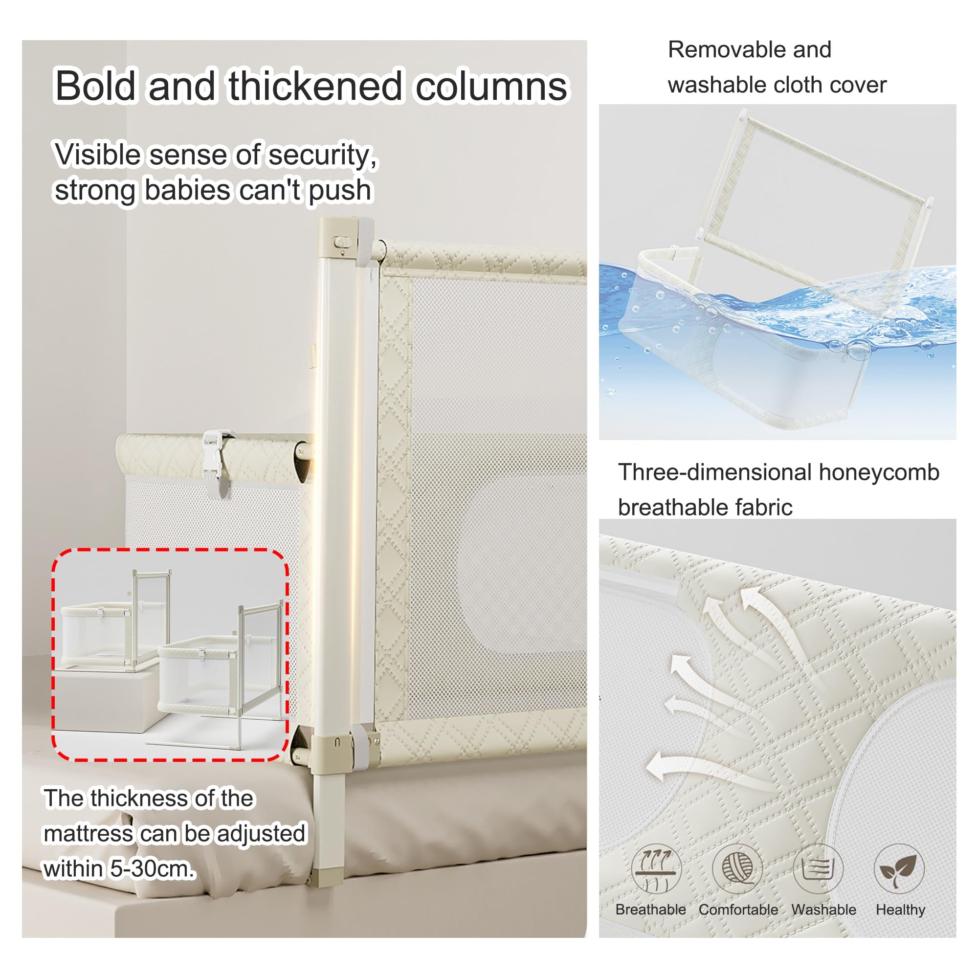 3-in-1-Babywiege, Beistellbett Baby, Babybett, reisebetten Baby, Babyseitenschläfer, atmungsaktives und sichtbares Netzfenster, Babybett am Bett der Eltern befestigt(Milky White)