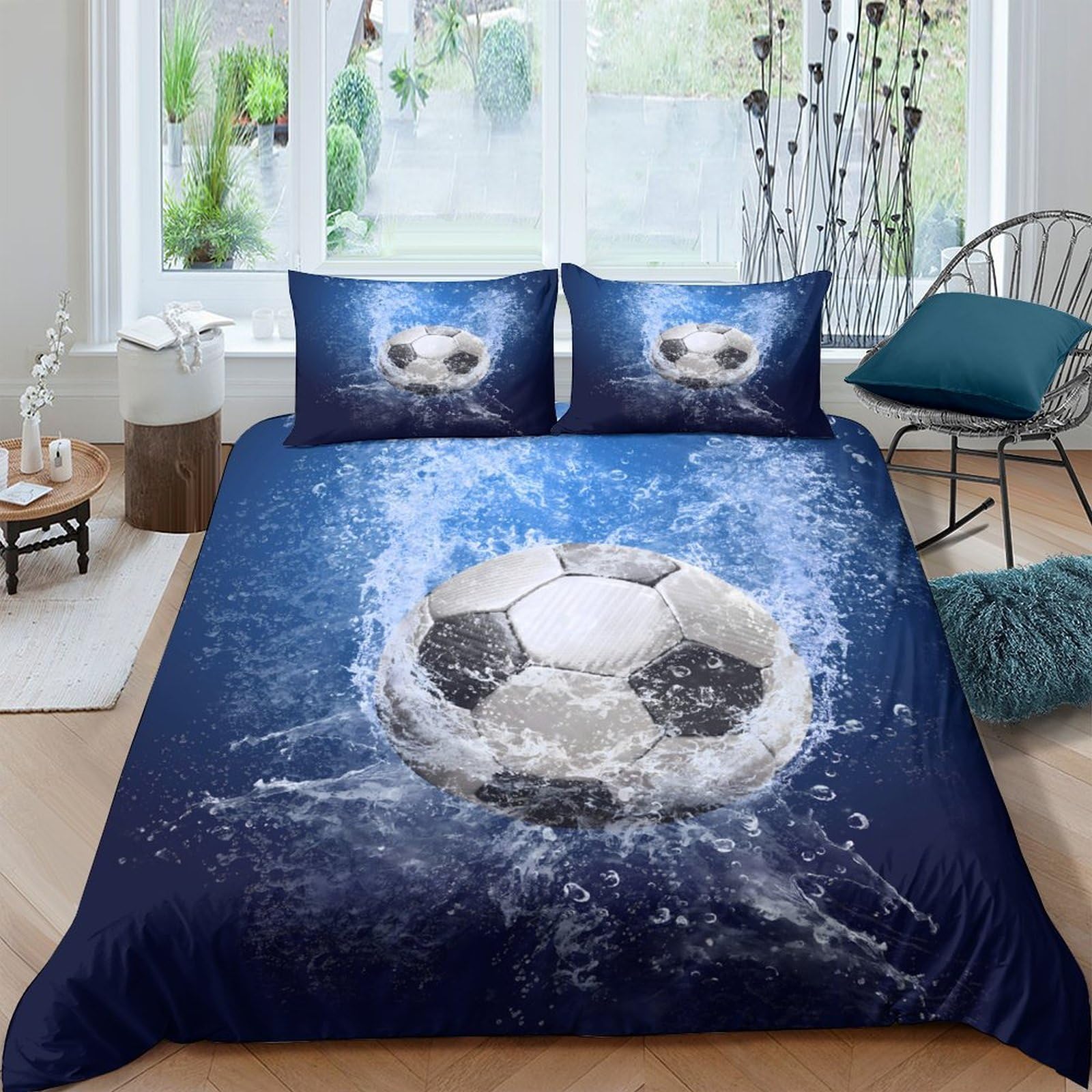 GPLZQXKJNH 3D Printed Splash Soccer Duvet Cover Microfiber Soft Blue Water Bedding Set with 2 Pillowcases for Bedroom Decor Single（135x200cm）