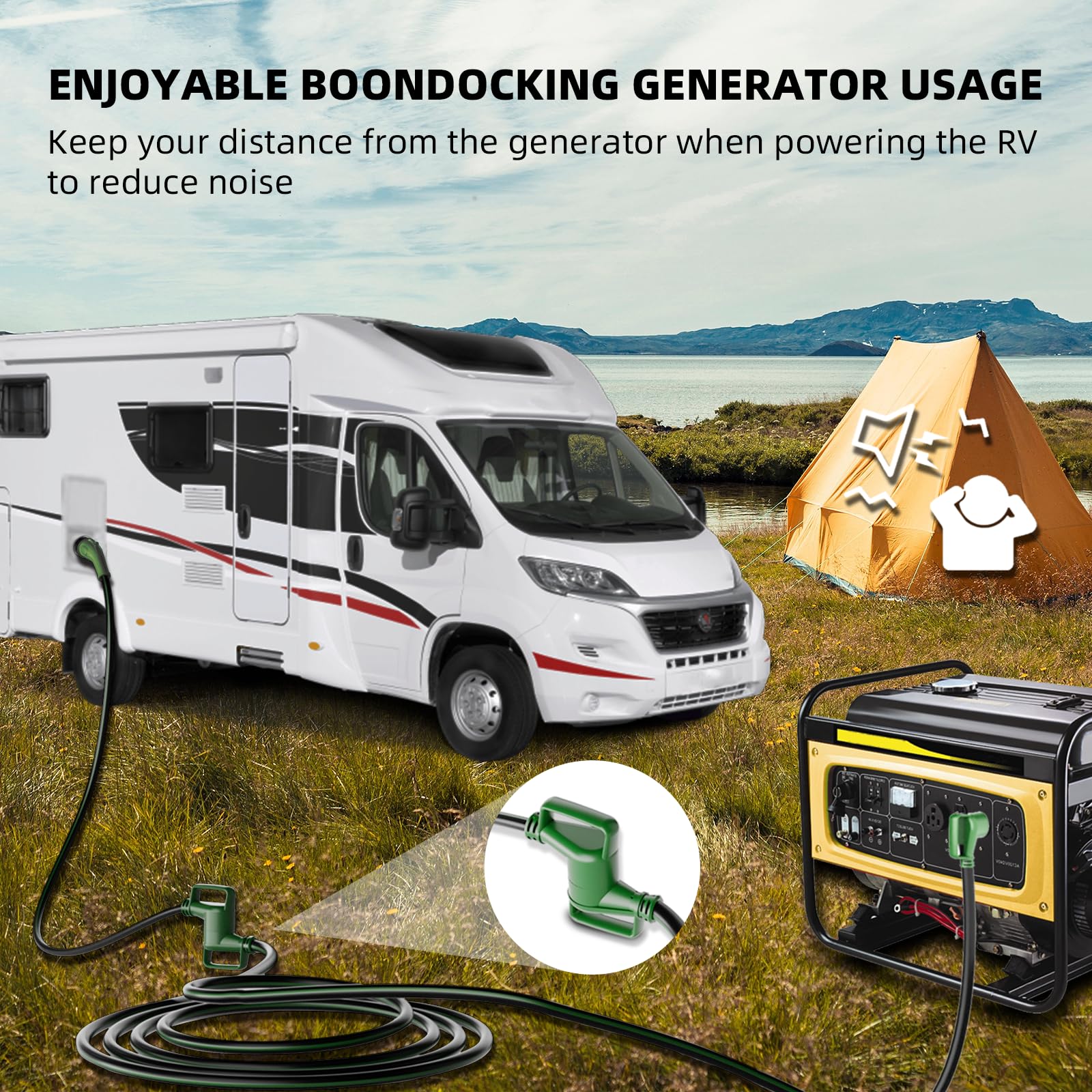 Cable de extensión para RV de 30 amperios, 50 pies con mango de agarre, calibre 10 resistente, cable STW, de cobre puro, para RV, NEMA TT-30P/R con organizador de cables para caravanas,