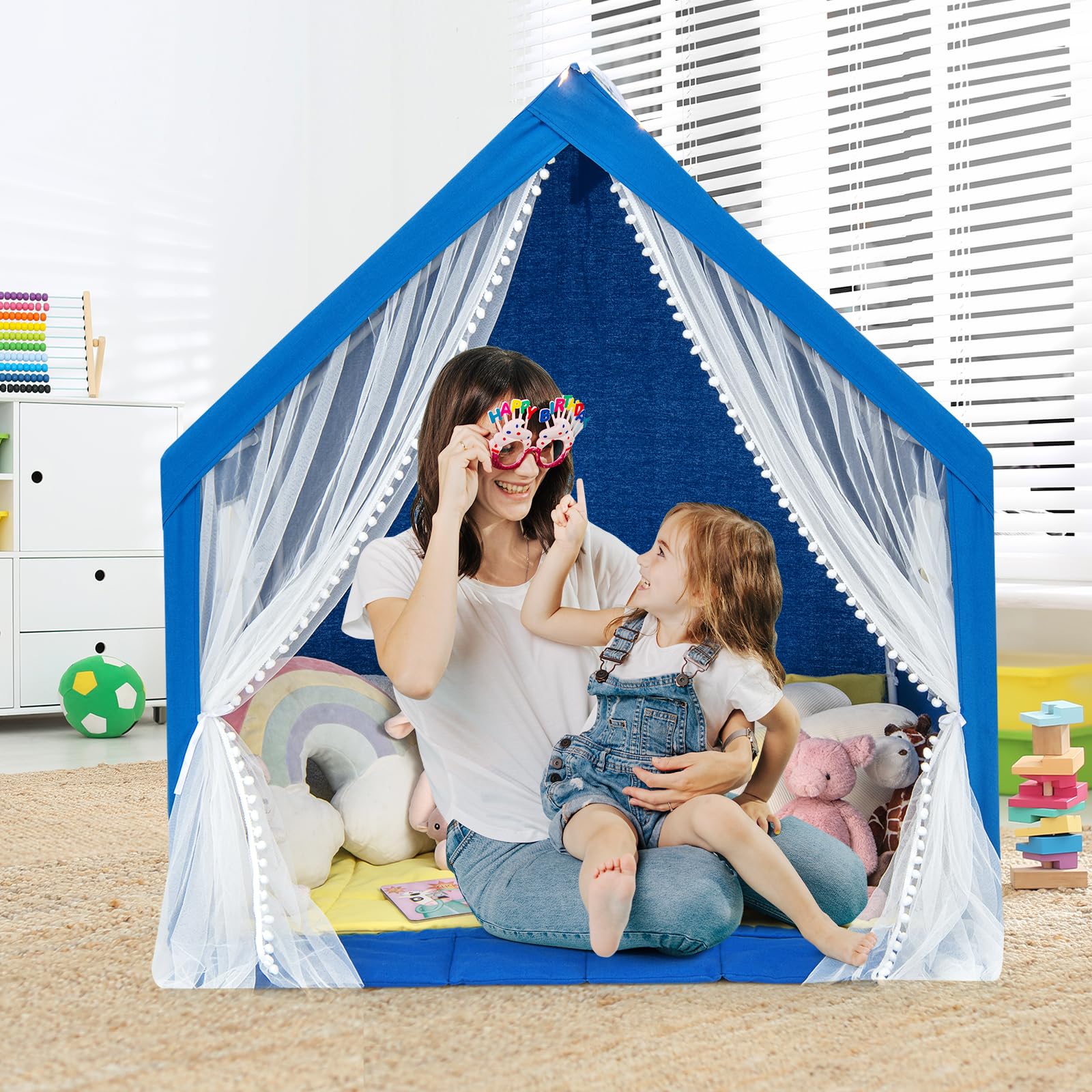 HOMASIS Tenda per Bambini da Interno, Tenda Gioco con Luci a Forma di Stella e Tappeto in Cotone, Tenda Cameretta con Tasca Laterale, Casa per Giochi per 2 Bambini, 122 × 105 × 125 cm (Blu)