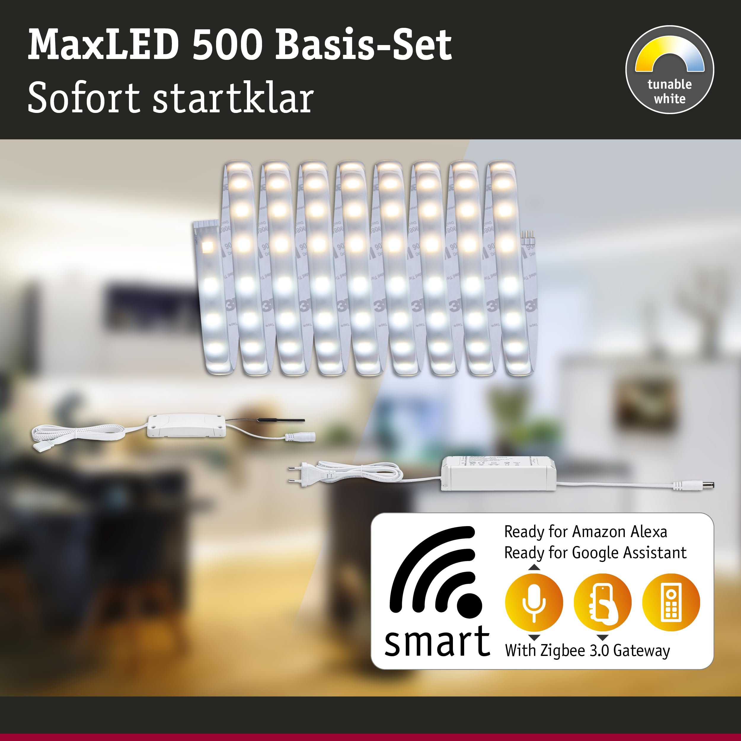 Paulmann 78872 Strip LED MaxLED 500 set básico SmartHomeZigbee TunableWhite 3m IP44 17W 230/24V 1530lm plateado, tira luz LED, resistente salpicaduras