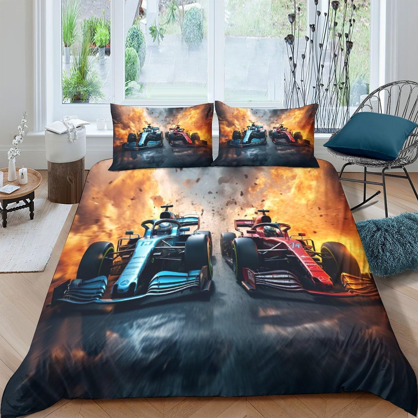 BARDYS Formula Racing 3D Print F1 Racing for Teens And Adults Duvet Cover Comforter Covers Quilt Cover Bedding Set with Zipper Closure with Pillow Cases Soft Microfiber 3 Pieces Double（200x200cm）