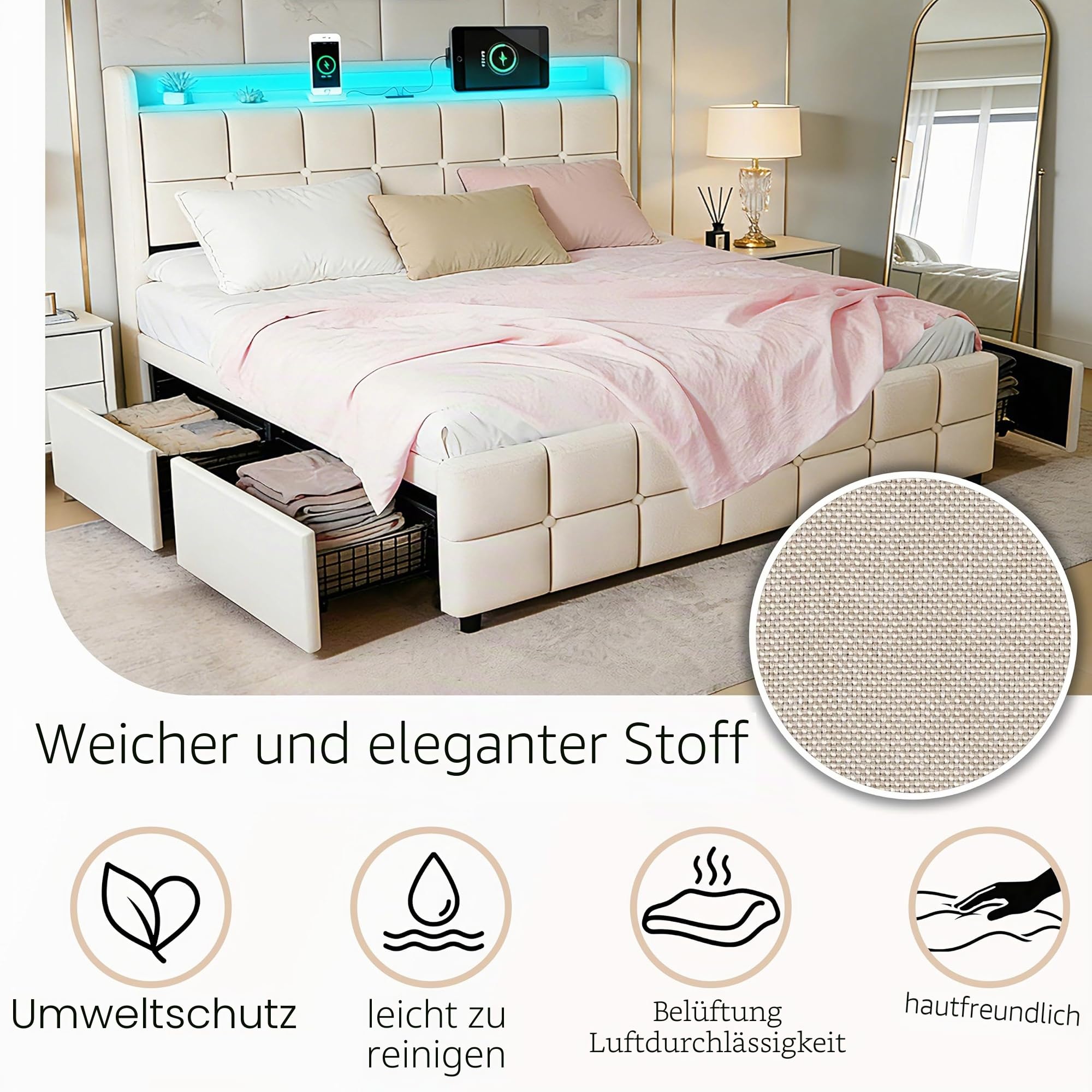 Leinen-Bettgestell 160x200 cm mit AC & USB Anschlüssen, Beige | Ladestation, 4 Schubladen, Polsterbett, LED-Beleuchtung, ohne Matratze, Holzlattenrost