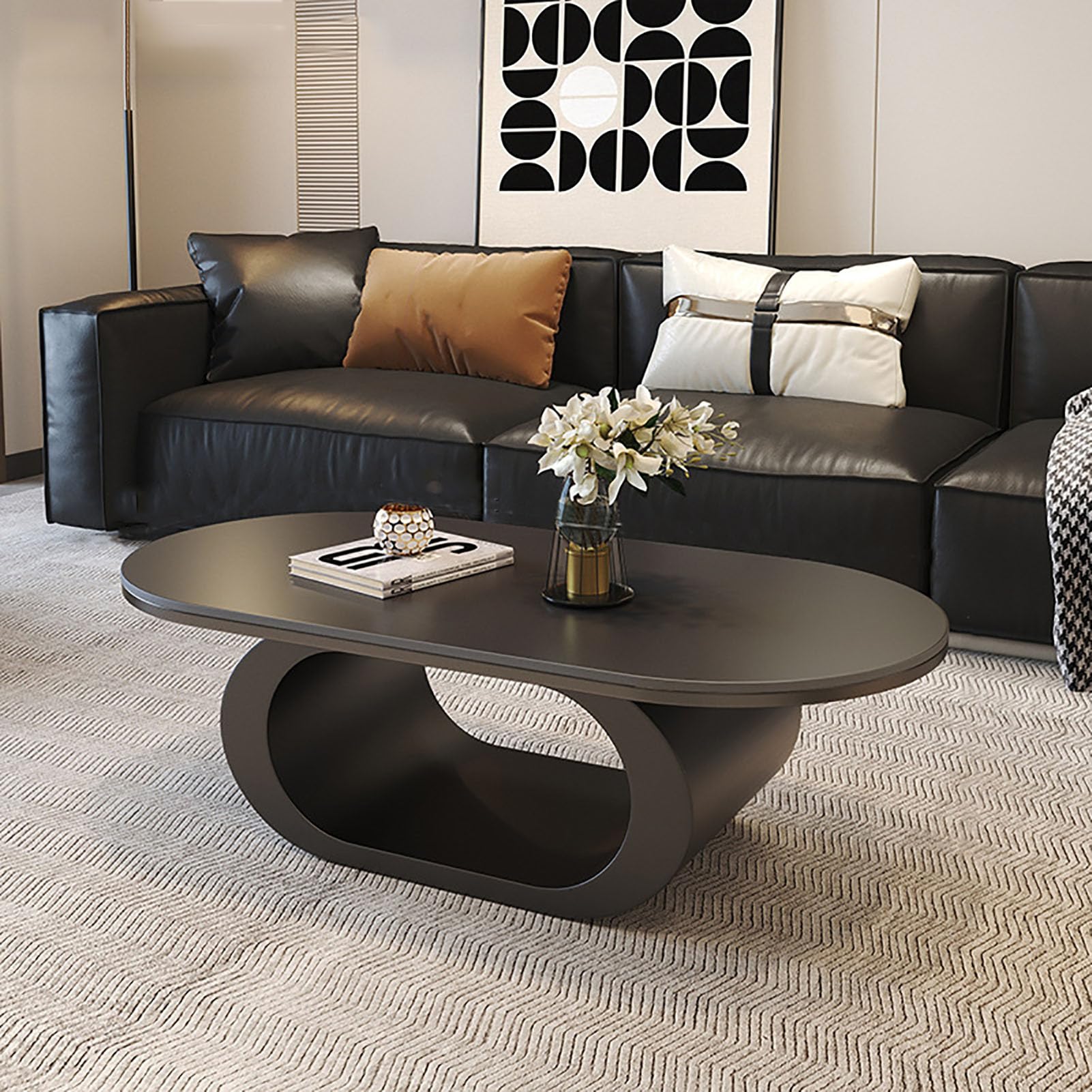 SXZenSpace 39" Oval Marble Coffee Table for Living Room,Modern Luxury Black Metal Base Center with Nesting End Home Decor,C,100x55x42cm(39x22x17inch)