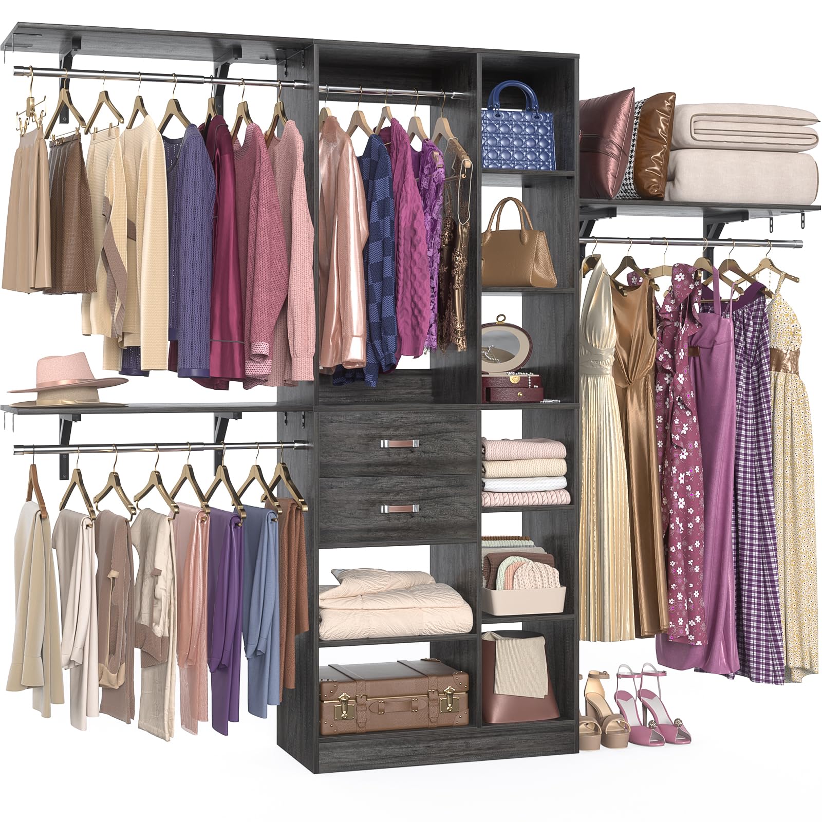 Homieasy 96 Closet Organizer System with Partition Storage Spaces, Walk-in Wardrobe Clothes Garment Rack with Big Wing Shelves, Wood Drawers, Wardrobe