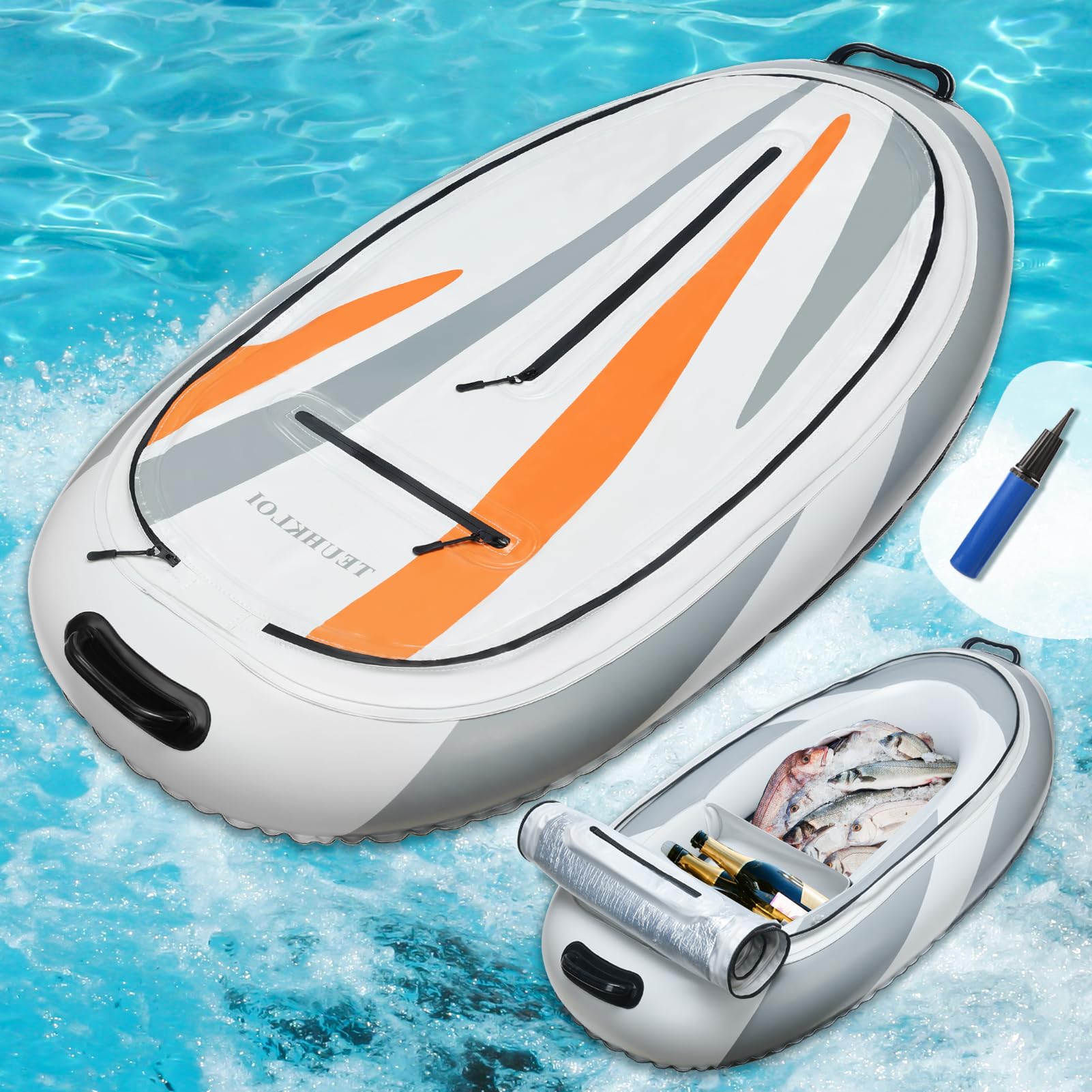 TEUHKLOI 30QT Insulated Floating Cooler for Kayak - Heavy Duty PVC with Tow Rope & Hand Pump, 2 Compartments for Drinks/Bait, Boating & Fishing