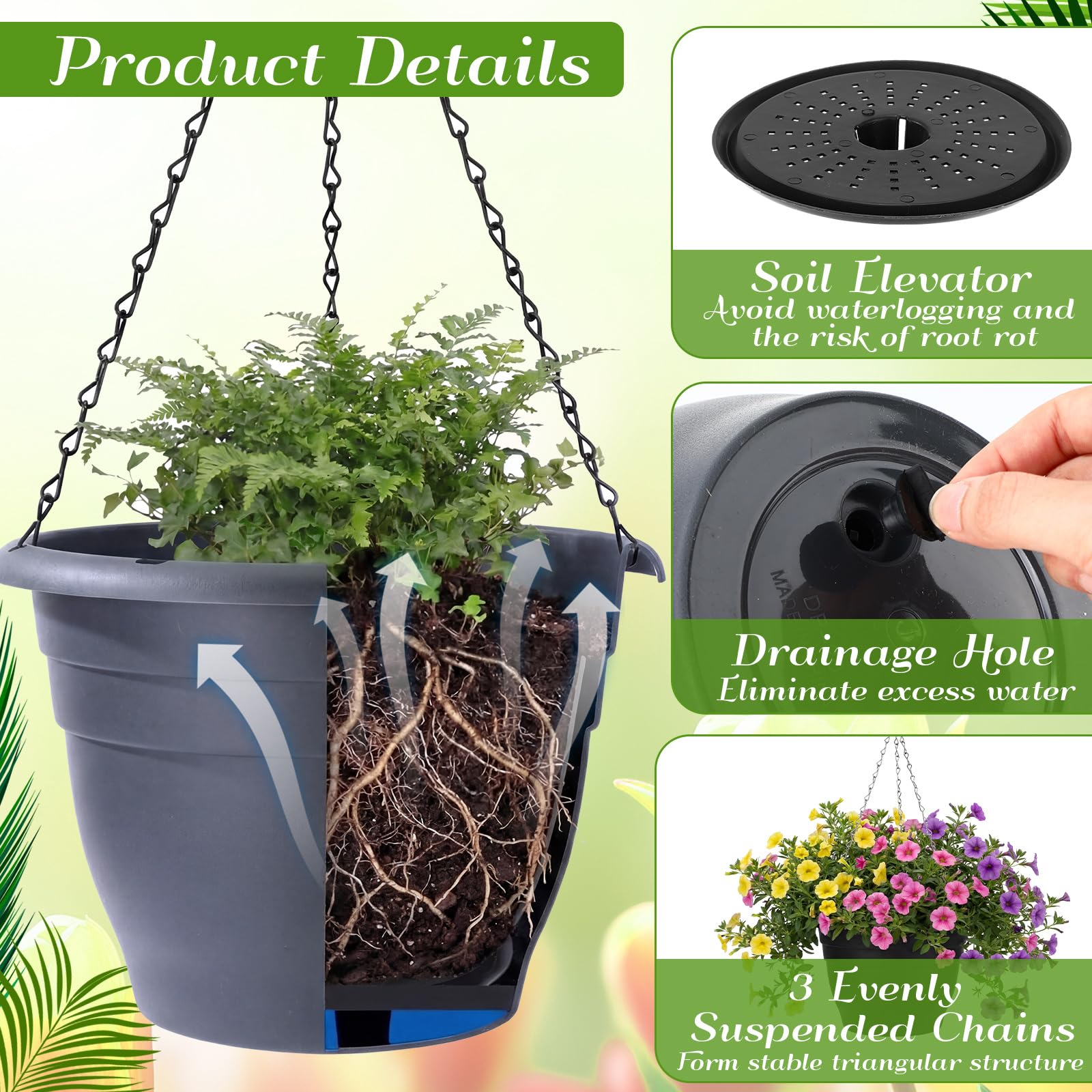 Lot de 20 pots de fleurs suspendus en plastique gris de 25,4 cm pour plantes avec plateaux de drainage, pot de fleurs à arrosage automatique pour jardin, balcon, porche, terrasse