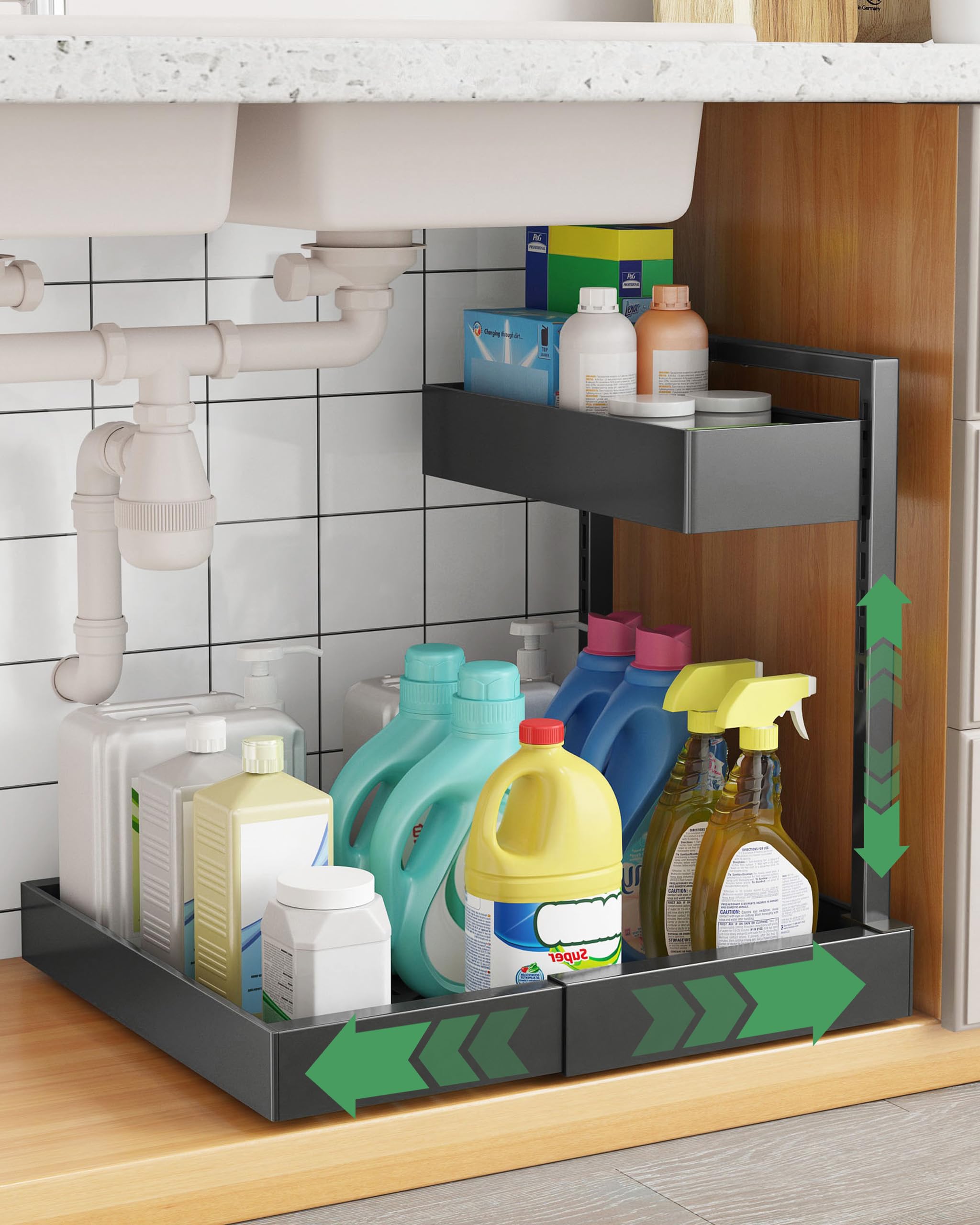 UMDONX Organizer Sottolavello Cucina 2 Livelli Metallo Organizer Larghezza Regolabile Organizzatore Sotto Lavello,Nero