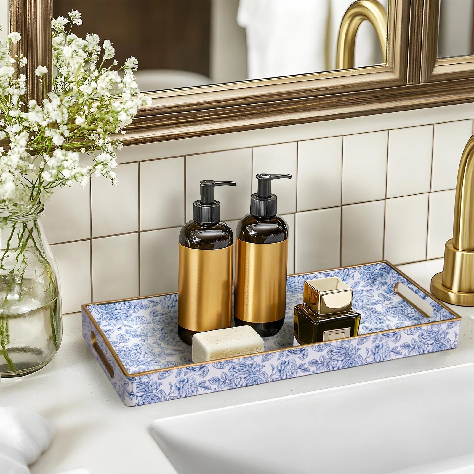 MAONAME Bandeja de tocador de plástico, bandeja estrecha para encimera de baño, bandejas decorativas azules con asas, organizador de bandejas de tocador para tanque de inodoro, joyas, maquillaje, 13.8