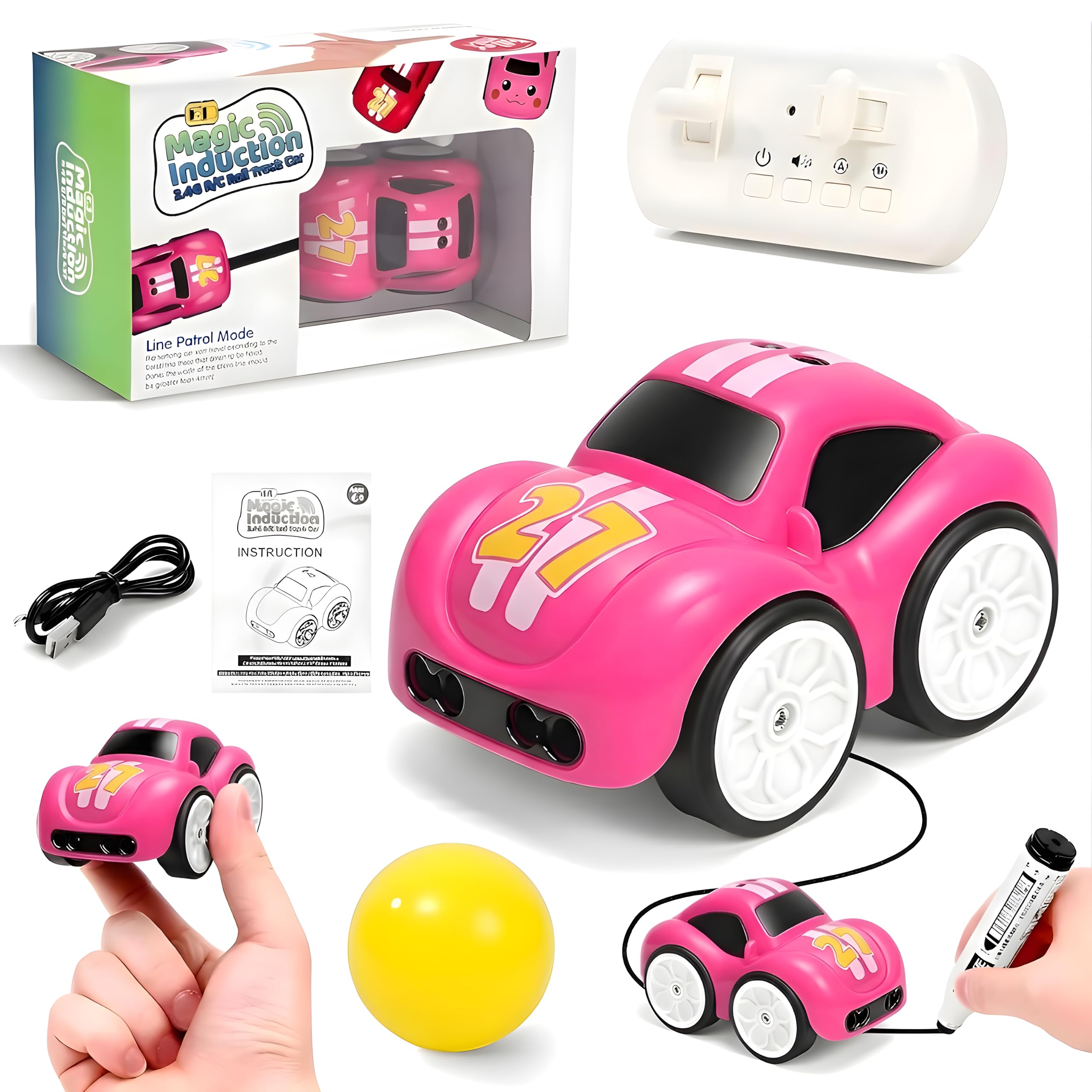 Cable World Magic Induction RC Intelligent Sensor Car – 2.4GHz Remote Control Mini Car with Smart Music & LED Lighting, Educational Racing Toy Best Birthday Gift for Kids - Pink-image-2