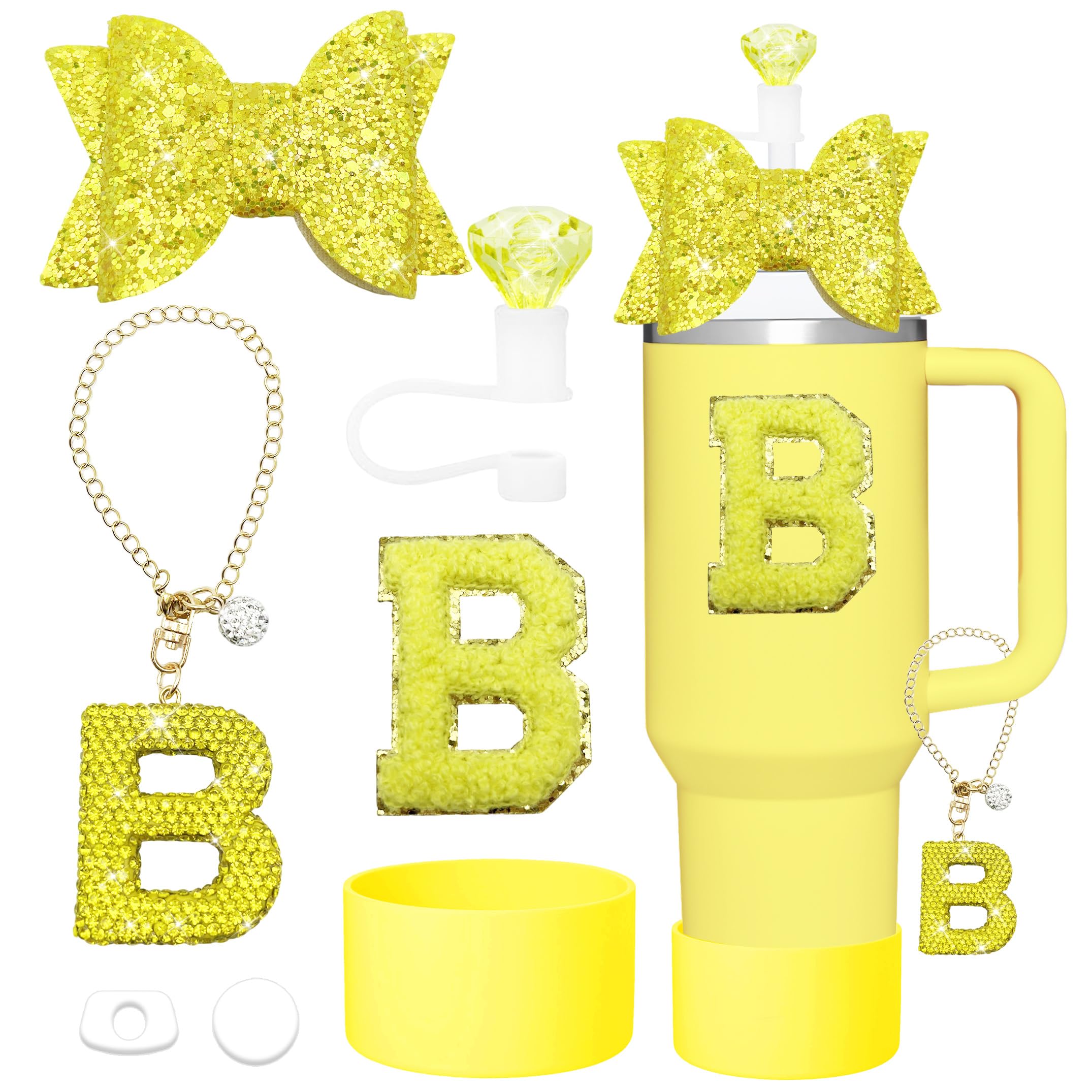 Liangang 7Pcs Yellow Stanley Cup Accessories Set For Stanley Cup 30oz 40oz,Including Letter Charm,Spill Proof Stopper,Diamond Straw,Bow Straw,Sparkly