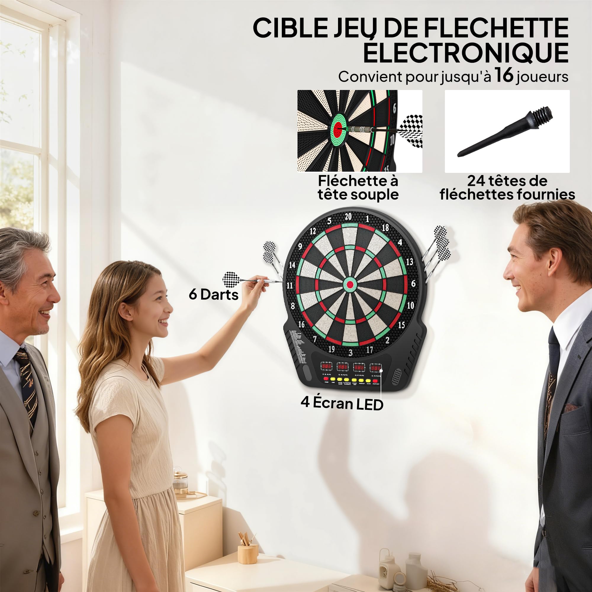 HOMCOM Cible Jeu de flechettes électronique Professionnel 27 Jeux 243 Variations - Fléchettes pour 1 à 16 Joueurs, 6 fléchettes et 24 Pointes Souples, Convient pour Les fêtes et Les soirées de Jeu