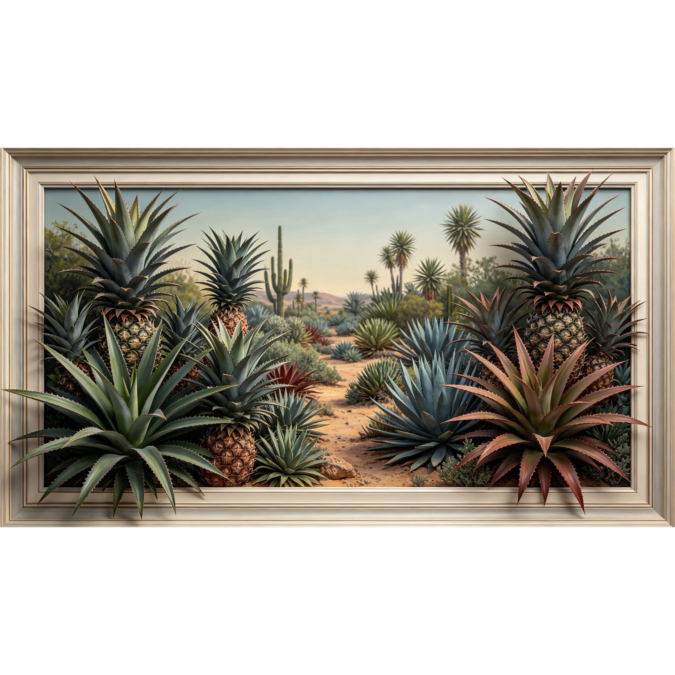 QZLITHOTIC 50×90cm3D Framed Wall Art， Desert Pineapple Cactus Landscape Mural， WaterActivated Peel & Stick Fabric Decor Wall Decal for Bedroom Living Room， Modern Botanical Visual