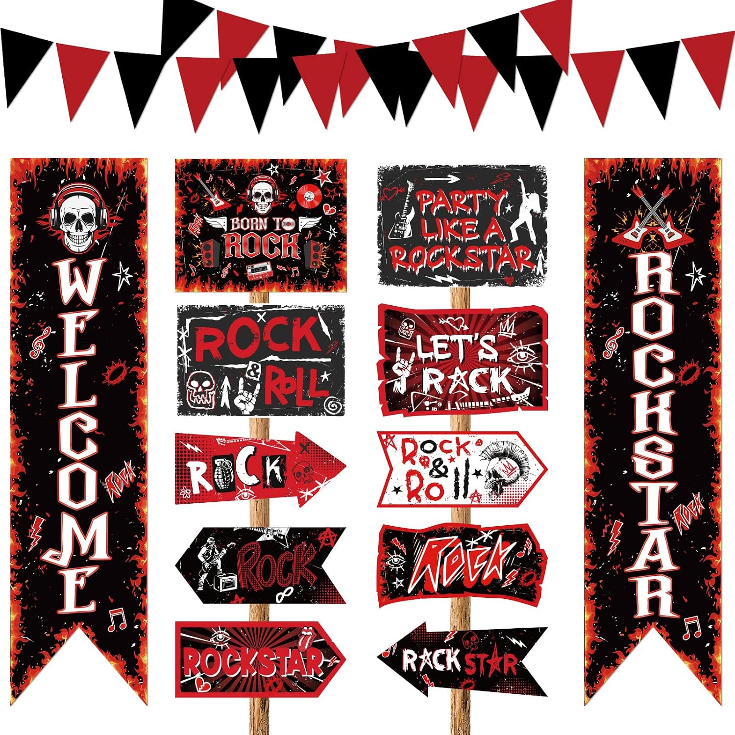Rock and Roll Party Decorations Set - 32Pcs Heavy Metal Supplies Include 2 Welcome Rockstar Porch Banners, 20Pcs Red Black Pennant Banner, 10 Retro Music Signs for Birthday Festival Theme Decor