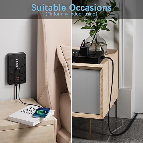 Miniatura 5 de HUNIAN - Regleta de alimentación con puertos USB, cable de extensión de 5 pies, enchufe plano con 8 tomas, 6 cargadores USB (1 puerto USB C),