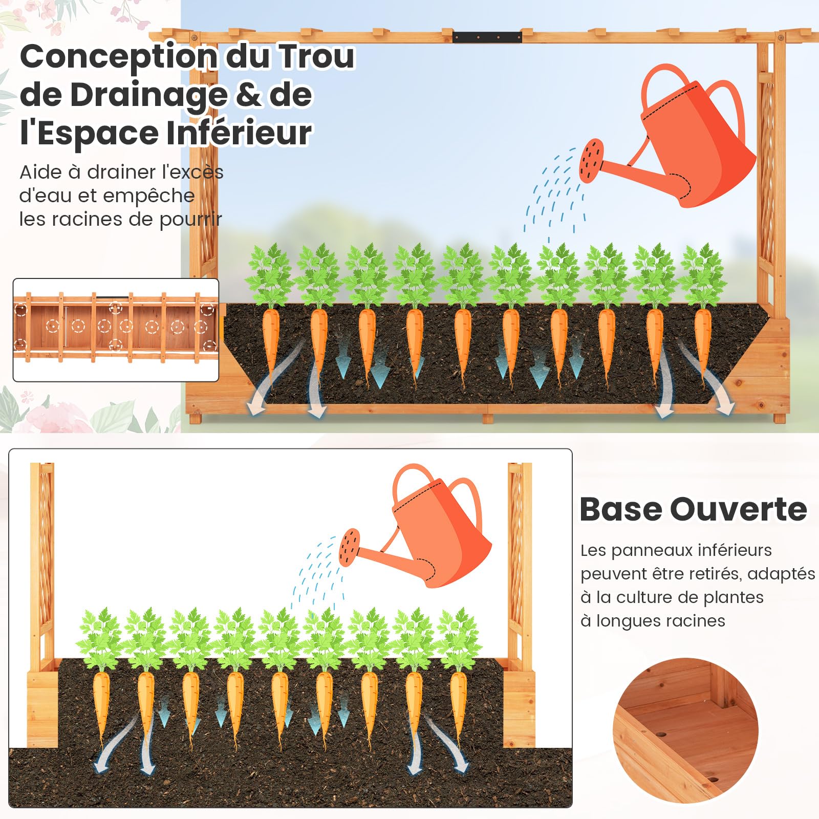 RELAX4LIFE Jardinière Surélevée avec Treillis Latéral & Supérieur, Jardinière sur Pied avec Treillis&Trous de Drainage, Conteneur de Plantes Vertical Pourvignes Grimpantes (200x44x114CM)