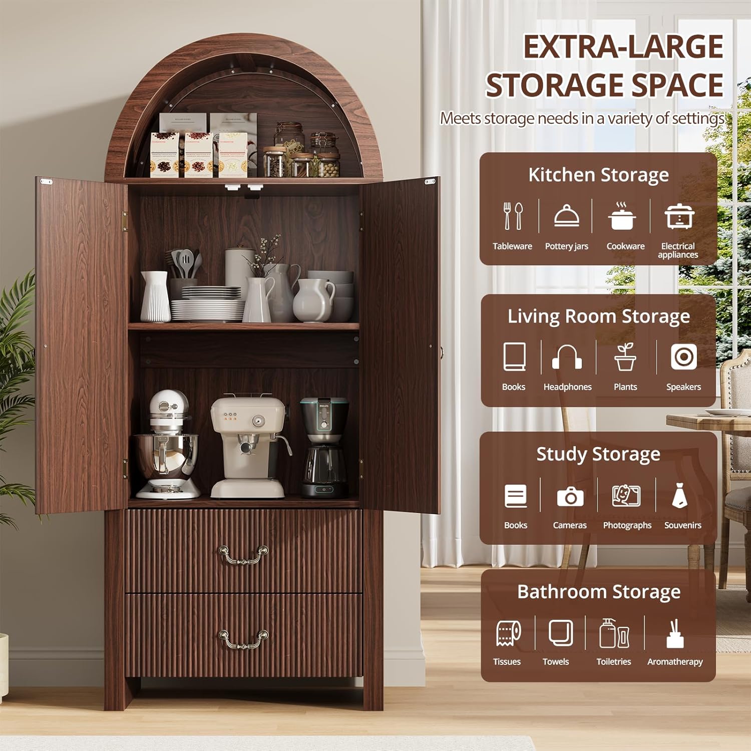 71" Tall Arched Kitchen Pantry, Wood Kitchen Storage Cabinet with 2 Large Drawers and Adjustable Shelves, Versatile Cupboard, Dining Room, Living Room, Bathroom, Walnut