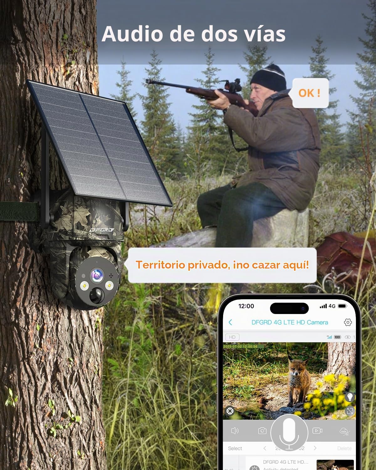 Cámara de Vigilancia Solar 4G LTE Exterior, Sin WiFi, con Tarjeta SIM, 2K PTZ 360°, Batería 10400mAh, PIR, Visión Nocturna Color, Audio Bidireccional, IP66, Pack 2