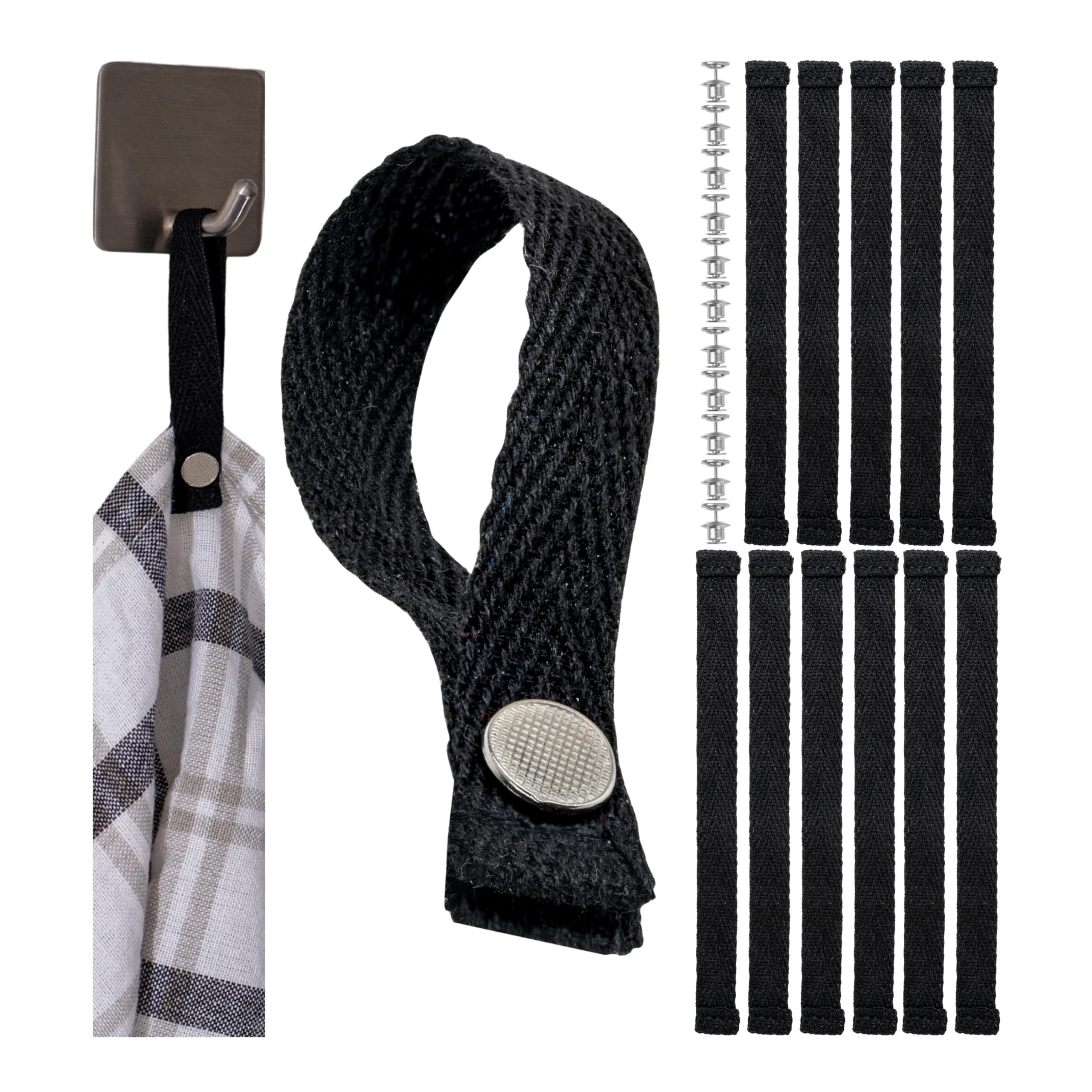Your Day Mate With Pin, Black, 12 Pcs No-Sew Hangers For Textiles, 12 Pack, 150 X 12 Mm Loops, In Black, Made Of Cotton, With Pin-Button Fastener, Hanger Tabs For Tea Towel, Bath Towel, Cloth, Decoration, Camping