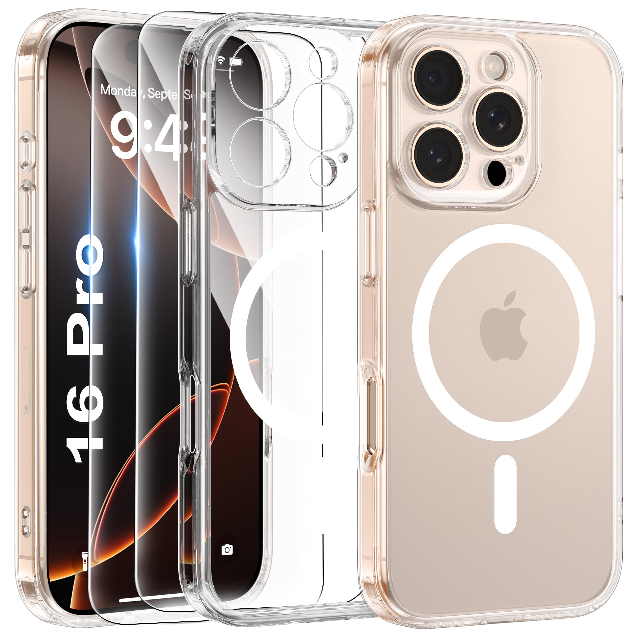 FLLAO Cover Magnetica per iPhone 16 Pro Custodia e 2 Pellicole in Vetro Temperato, Cover iPhone 16 Pro Compatibile con Magsafe, Traslucida Posteriore Sottile Antiurto Protettiva Case, Trasparente