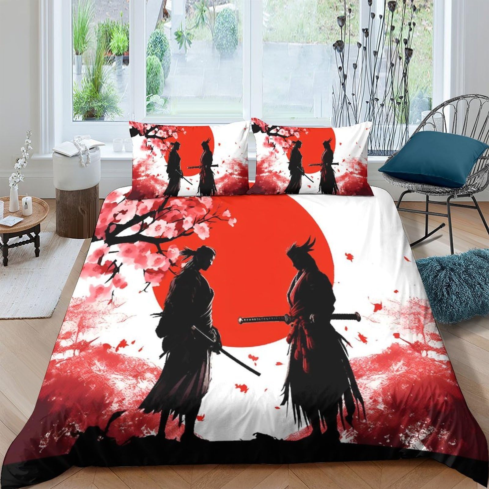 Ctjqhvkz Style-6 3D Printed Samurai Sunset Fitted Sheet Microfiber Soft Anti-Slip Japanese Warrior Bed Cover Bedroom Decor Single（135X200cm）