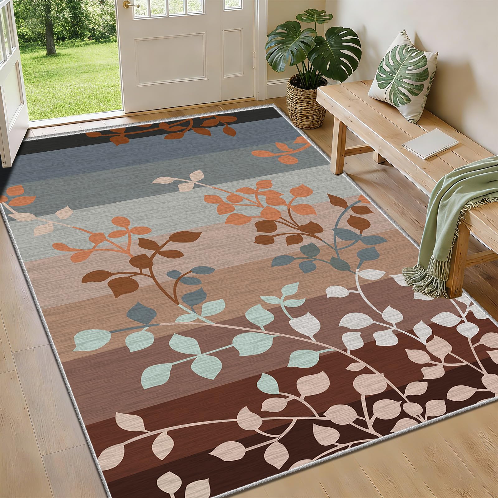 FTCJWL Machine Washable Rug, Vintage Earth Tone Brown Leaf Area Rug, Warm Autumn Fall Foliage Short-Pile Carpet, Non-Slip Botanical Rug for Home Office Lounge (120x170cm) — image 1