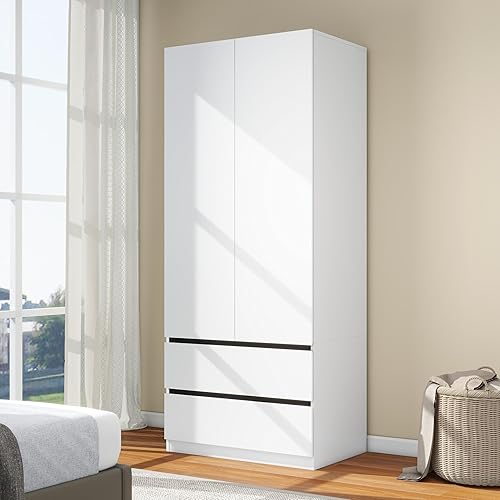 LABROSKIA White Wardrobe Closet with Doors: 75" Large Capacity Bedroom Armoire, Wooden Cabinet with 2 Drawers, Hanging Storage Shelves with Hanging Rod (Contemporary, 1) - 1 - Contemporary
