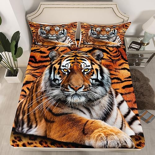 Miniatura 4 de Manfei Juego de sábanas bajeras con estampado 3D de tigre, tamaño individual, animales salvajes, 2 piezas para decoración de habitación de niños,