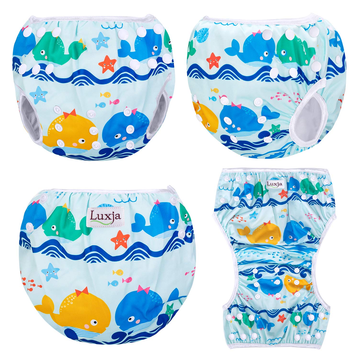 Luxja Pañal de Natación para Bebes Bañador Reutilizable de Nadar de Bebé Pañal Lavable para Bebé (0-3 años), Ballenas + Peces
