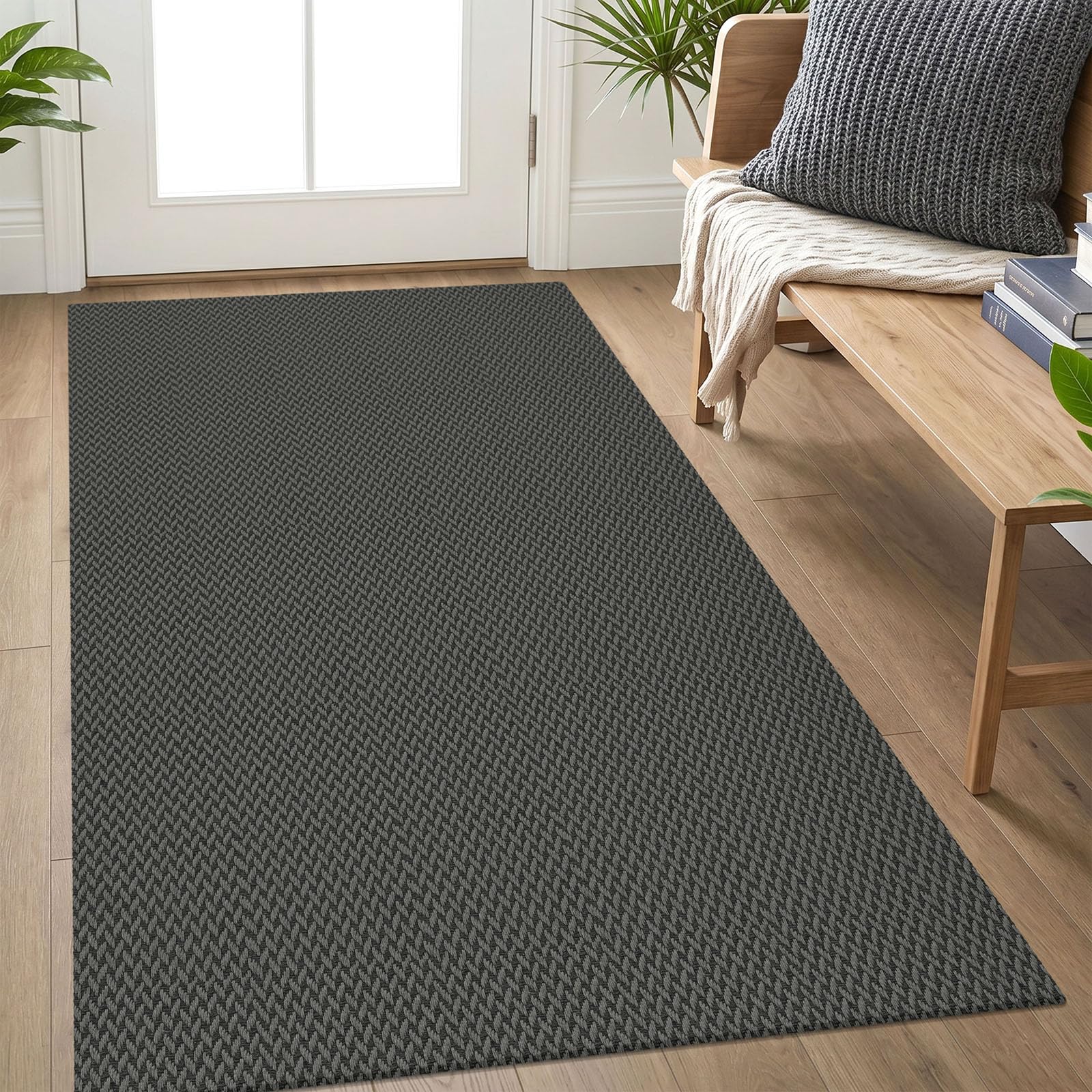 IOHOUZE Washable Area Rug 3x5 Non Slip Rubber Backed Woven Rugs for Entryway Rugs Indoor Outdoor Doormat Throw Rug Floor Carpet for Entrance Kitchen Front Door, Grey/Black