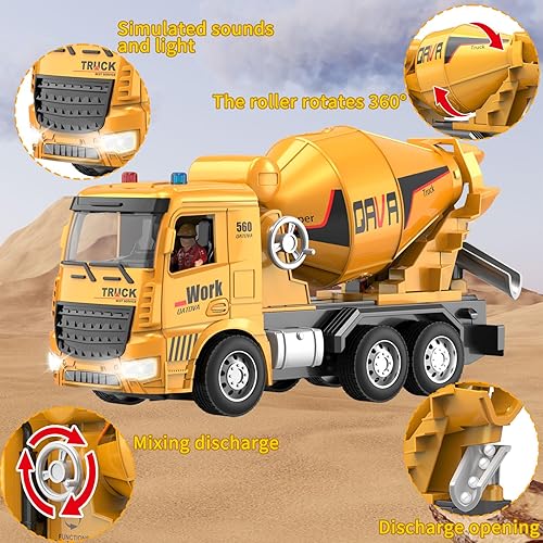 Miniatura 7 de Juguetes de construcción para niños, camión de juguete mezclador de cemento con luces, sonidos y piezas movibles de trabajo, autos recargables con